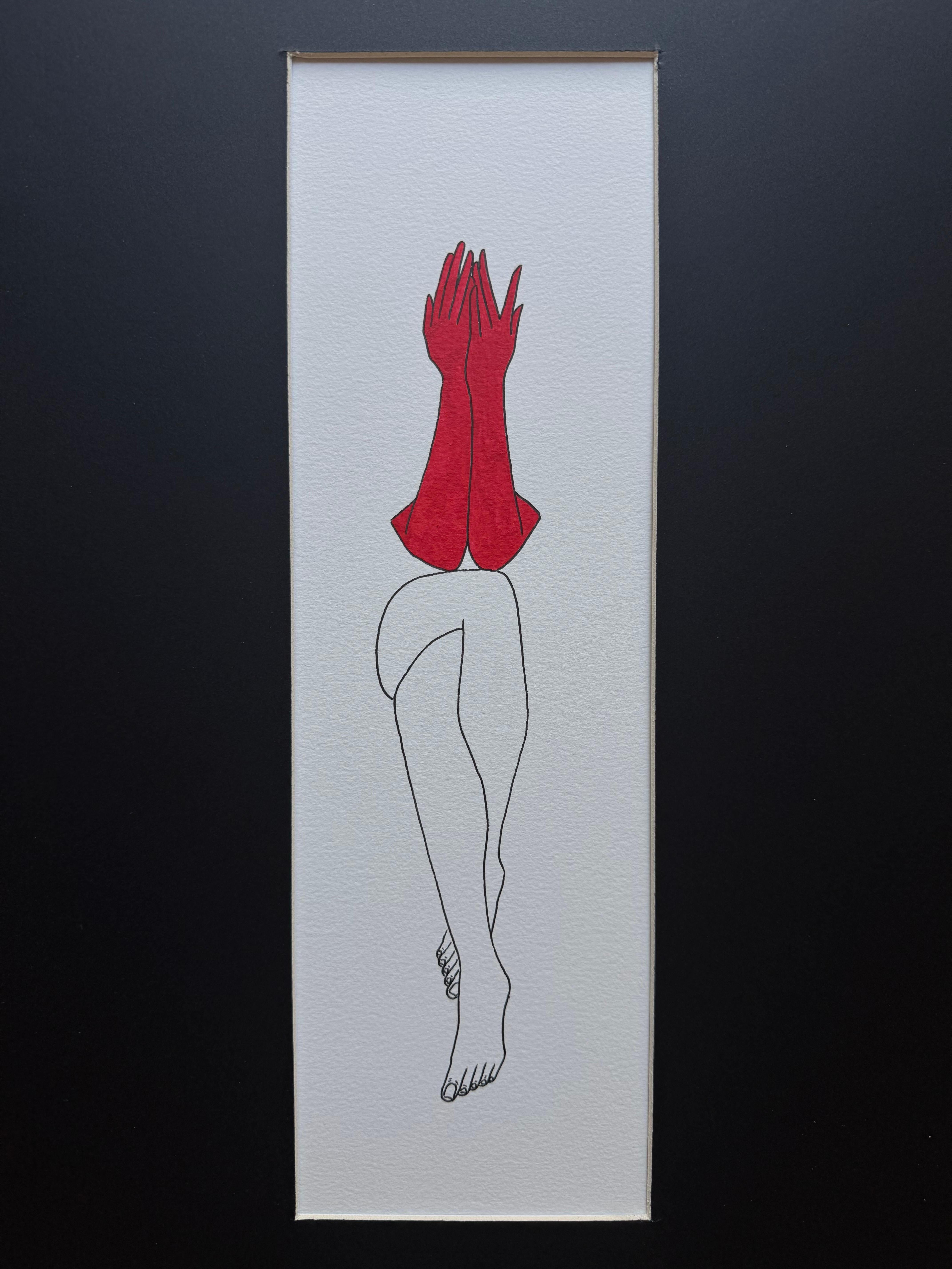 Nicht sehen - Linienzeichnende Figur mit roten Handschuhen – Painting von Mila Akopova