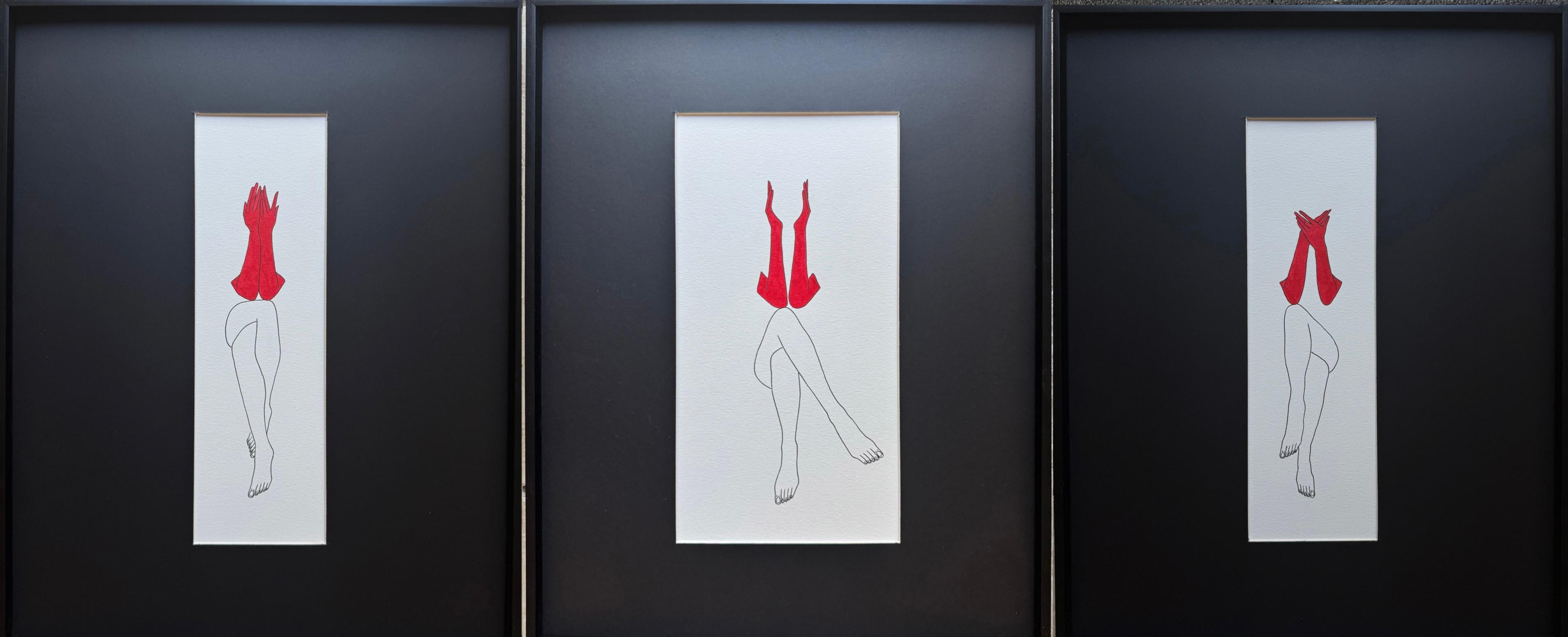 Nicht sehen - Linienzeichnende Figur mit roten Handschuhen (Abstrakt), Painting, von Mila Akopova