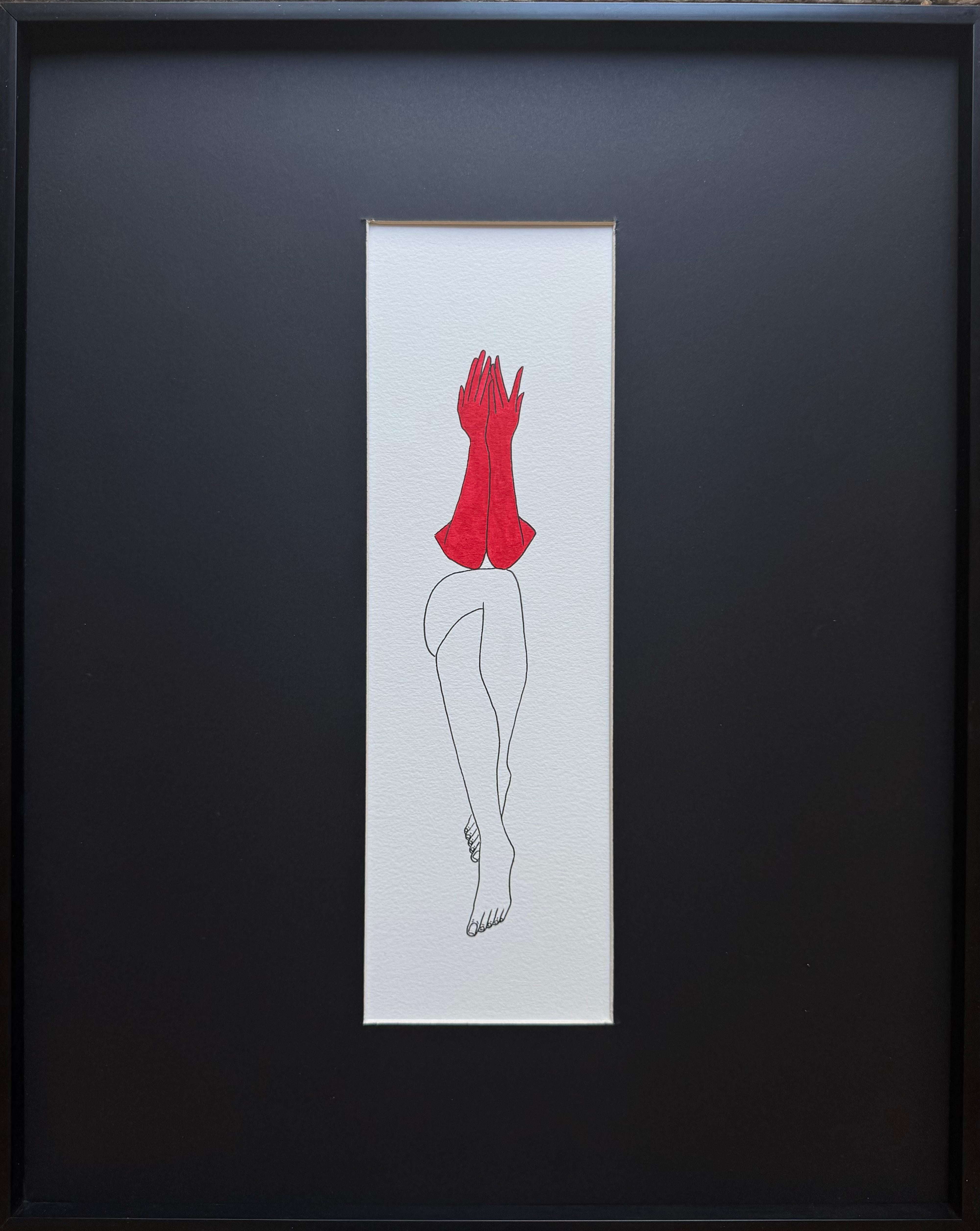 Mila Akopova Abstract Painting – Nicht sehen - Linienzeichnende Figur mit roten Handschuhen