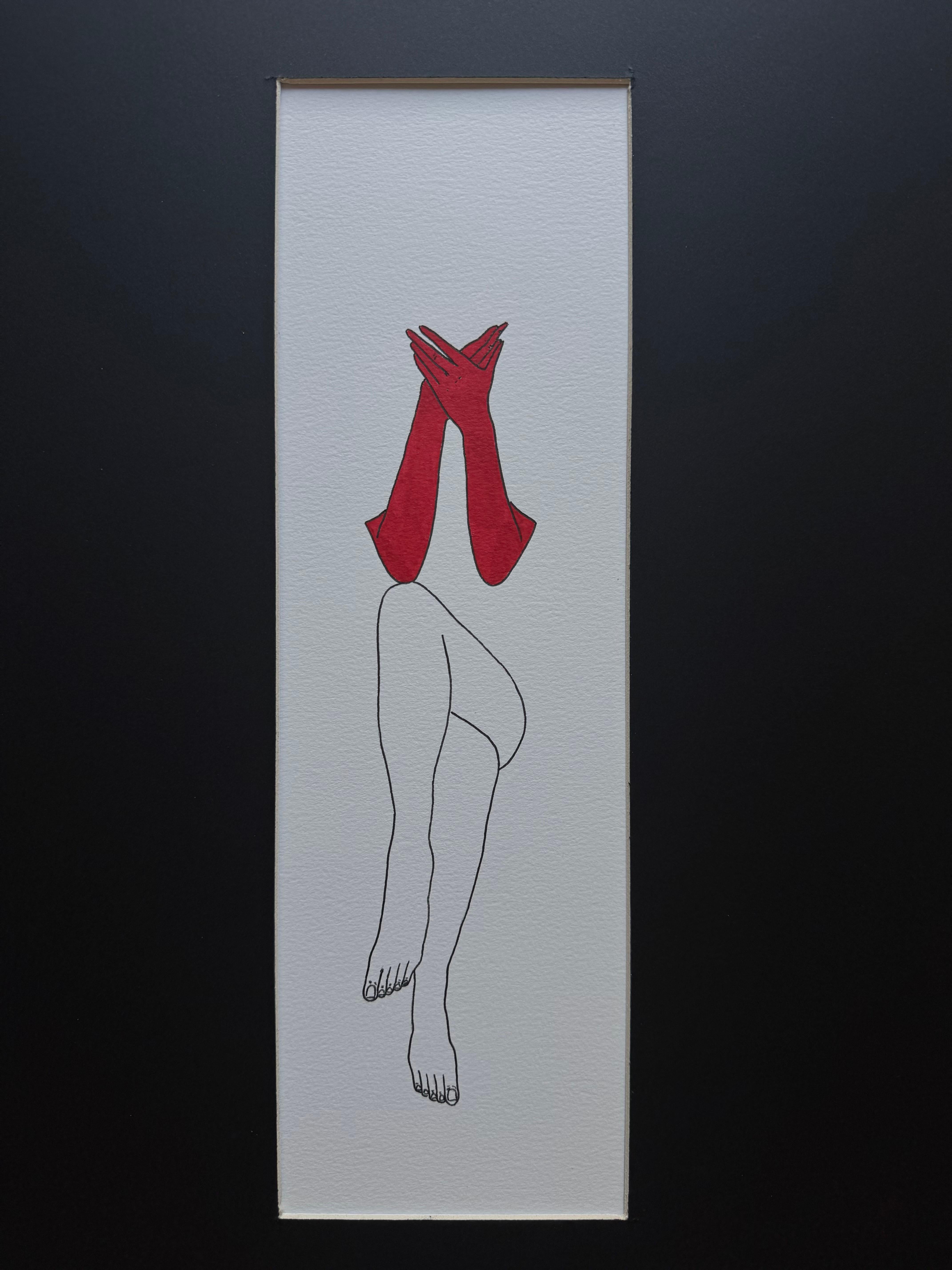 Non parla - disegno al tratto di una figura con guanti rossi - Abstract Drawing Nero di Mila Akopova