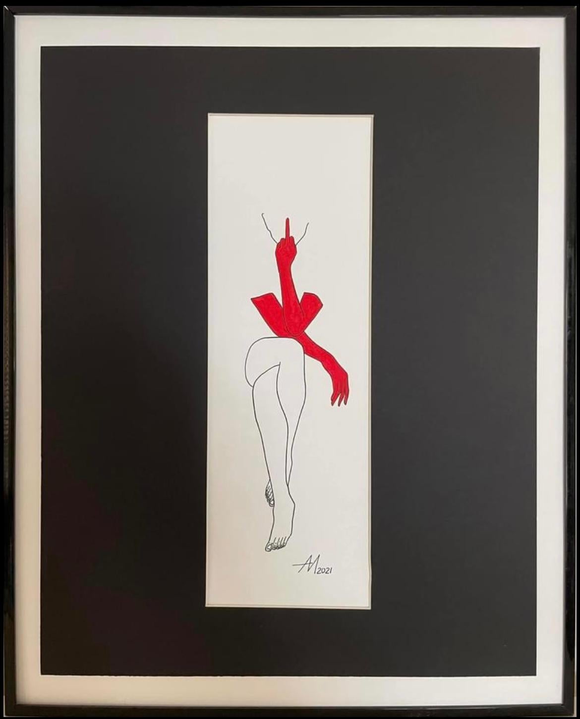 Abstract Drawing di Mila Akopova - F...FF (Fuck) - Disegno di linea Corpo di donna con guanti rossi