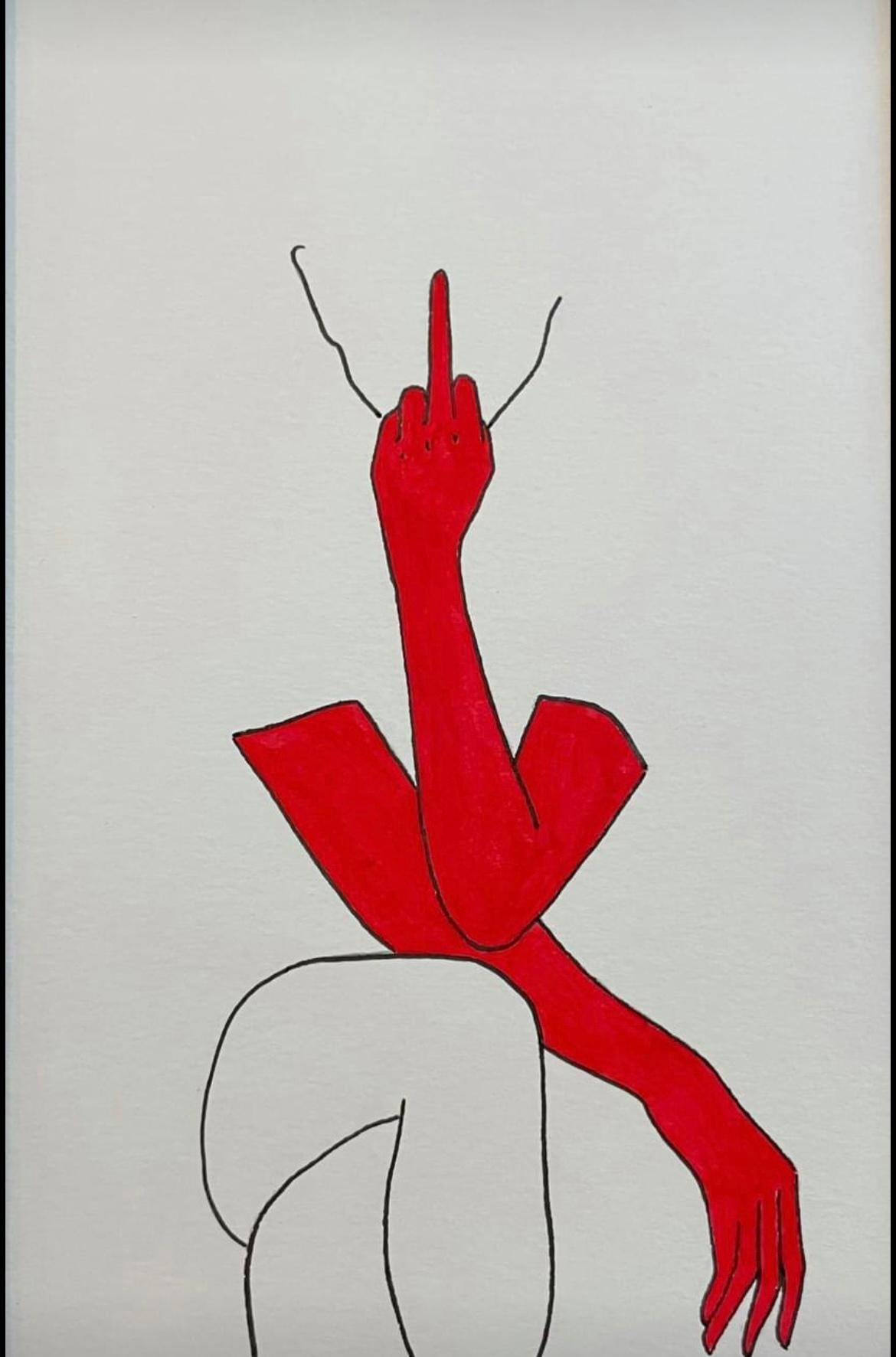 F...FF (Fuck) - Disegno di linea Corpo di donna con guanti rossi - Art di Mila Akopova