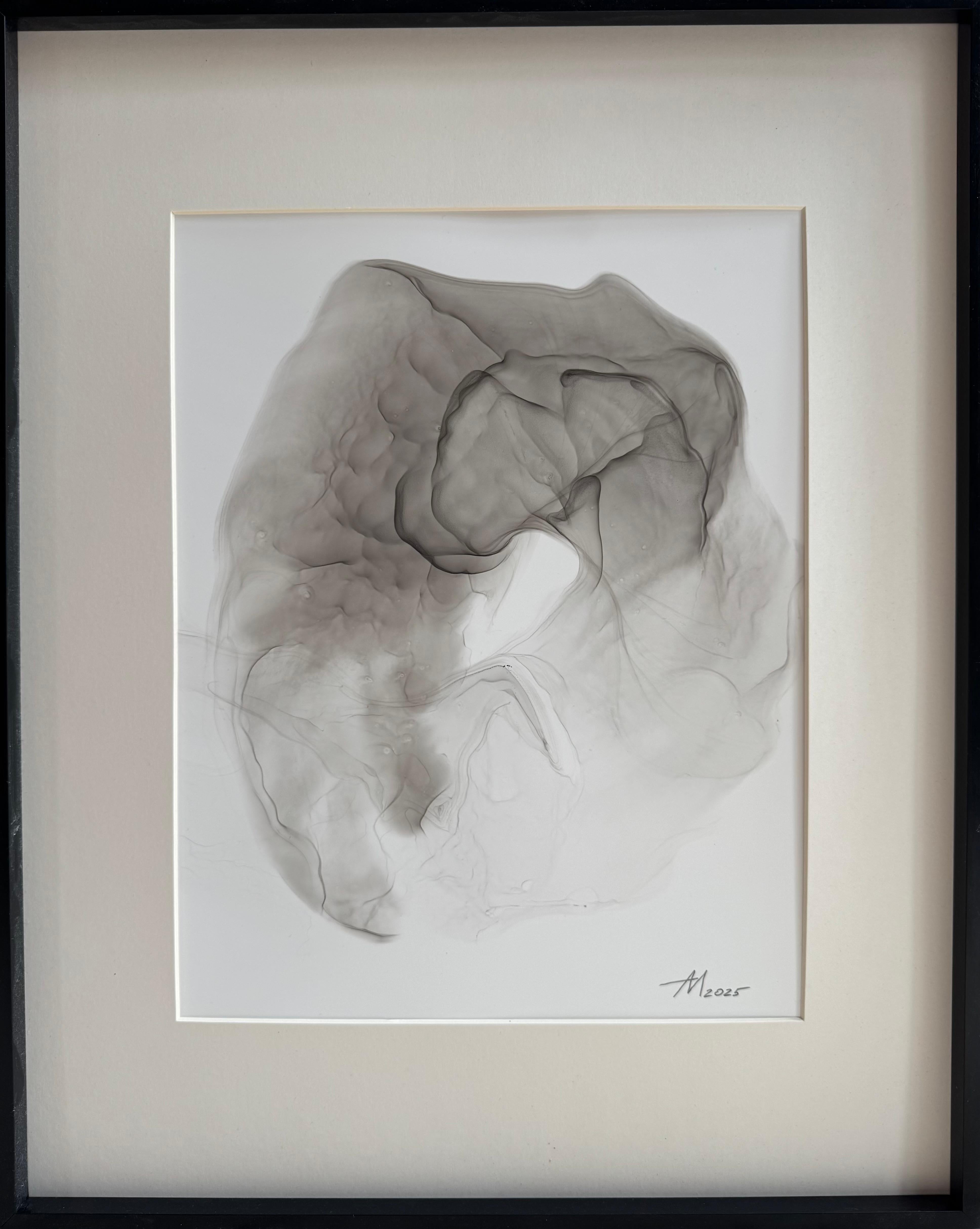 Mila Akopova Abstract Drawing - Light breath of wind - abstract painting, made in black, grey color, 2025