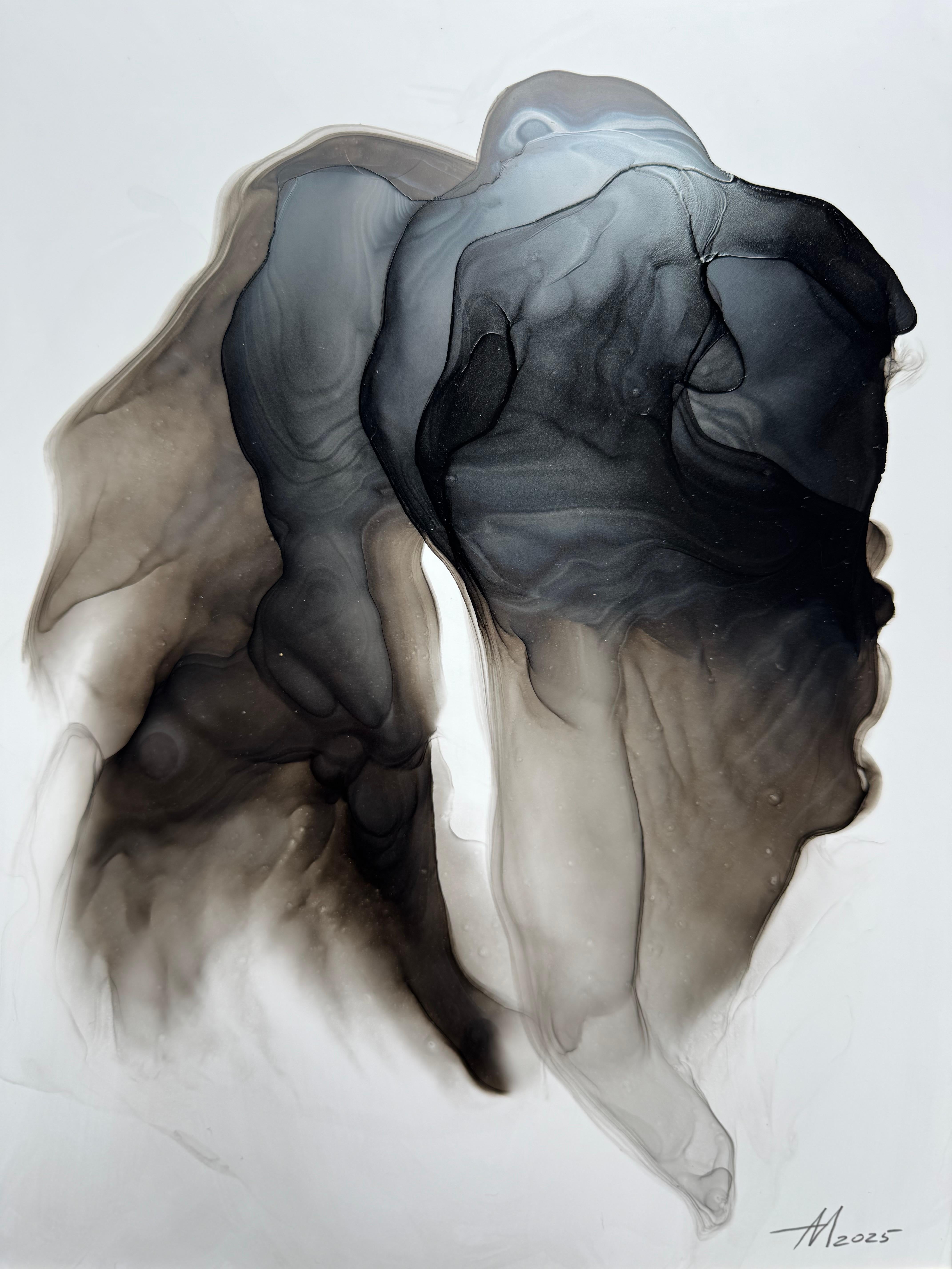 Light Dark - quadro astratto, realizzato in nero, grigio, beige, 2025 - Abstract Drawing Beige di Mila Akopova