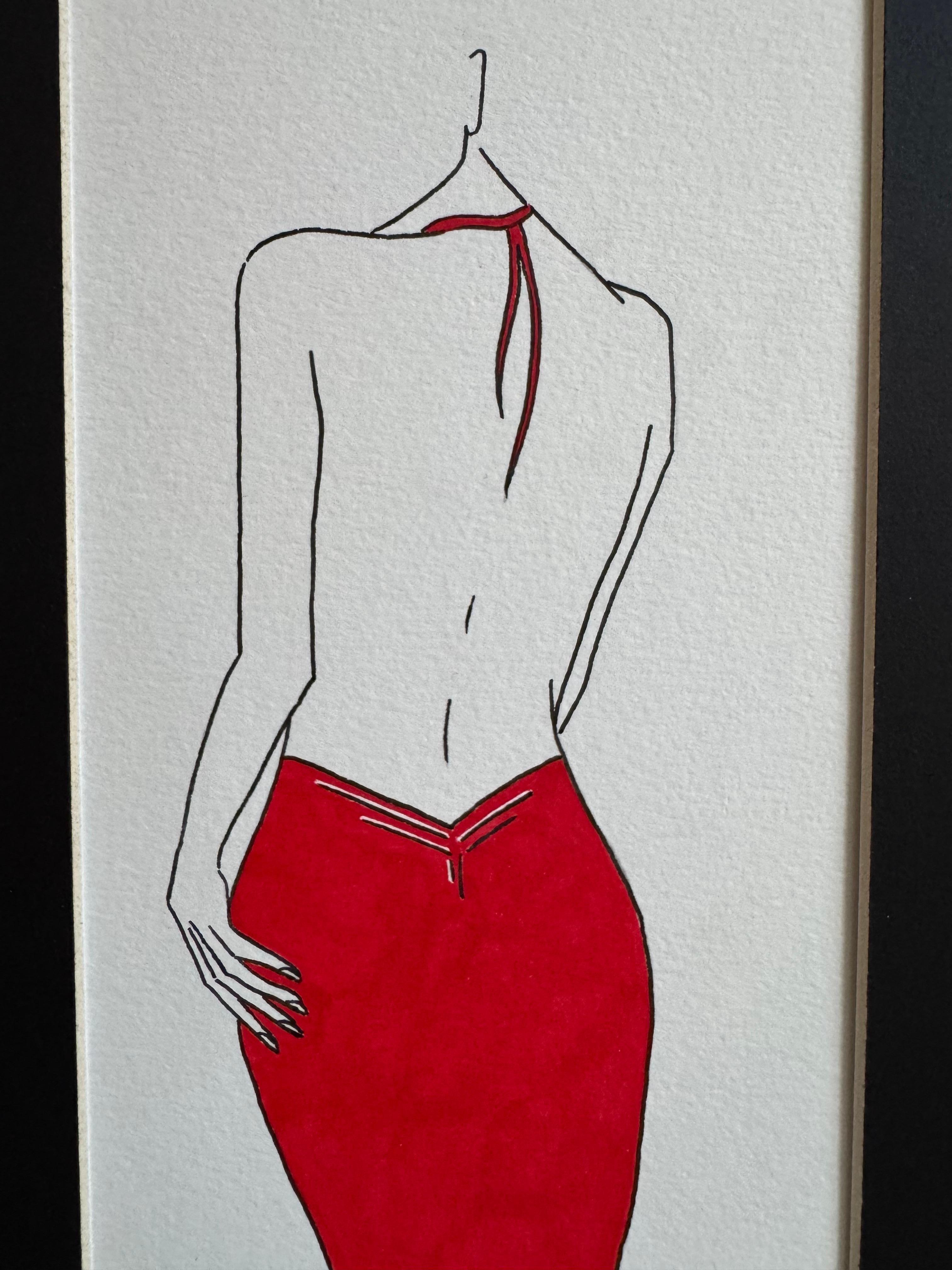 Es gibt niemand hier (Kollegen in Rot) - Linienzeichnung Frau Körper in rotem Kleid – Art von Mila Akopova