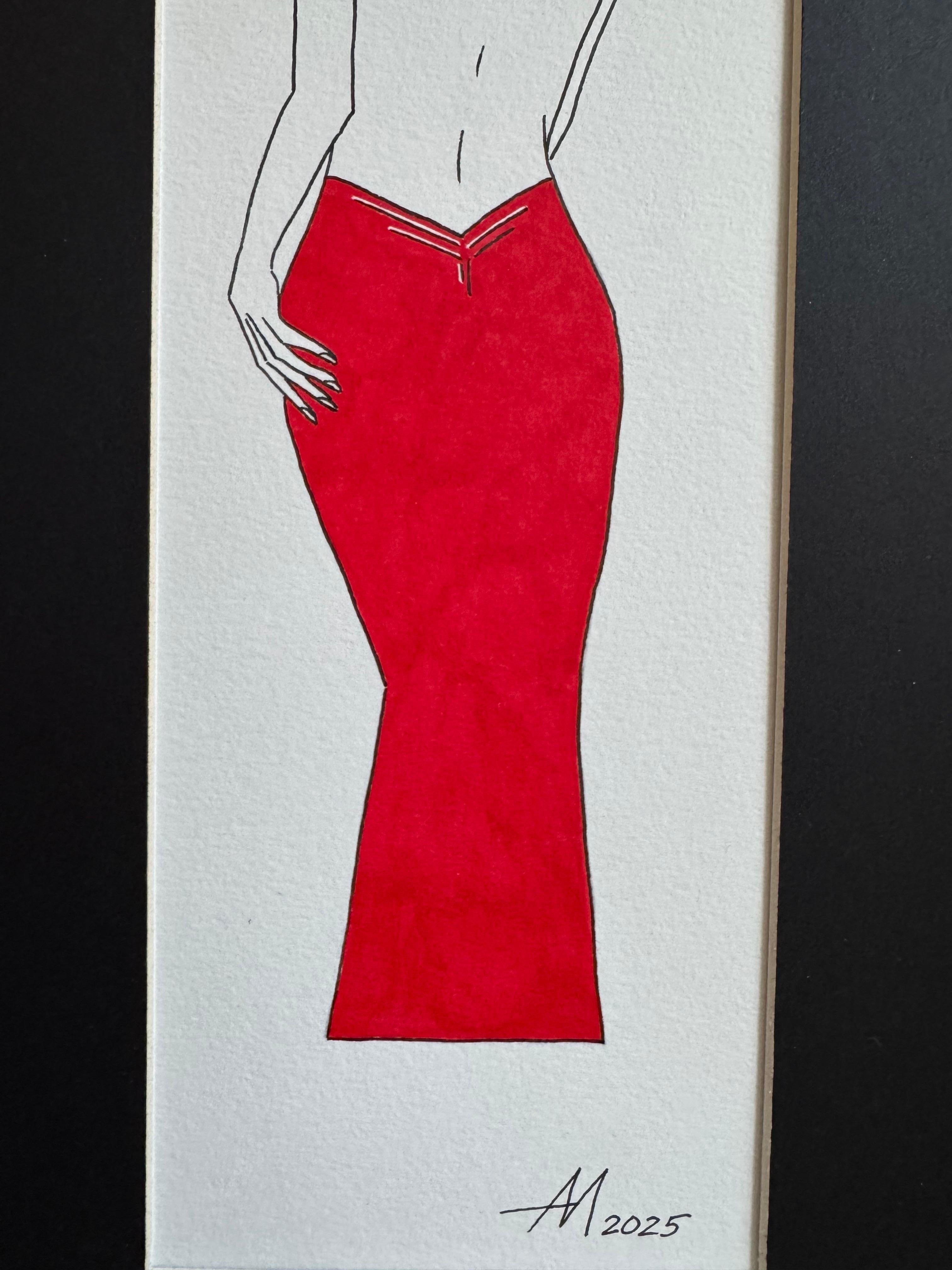 Es gibt niemand hier (Kollegen in Rot) - Linienzeichnung Frau Körper in rotem Kleid (Abstrakt), Art, von Mila Akopova