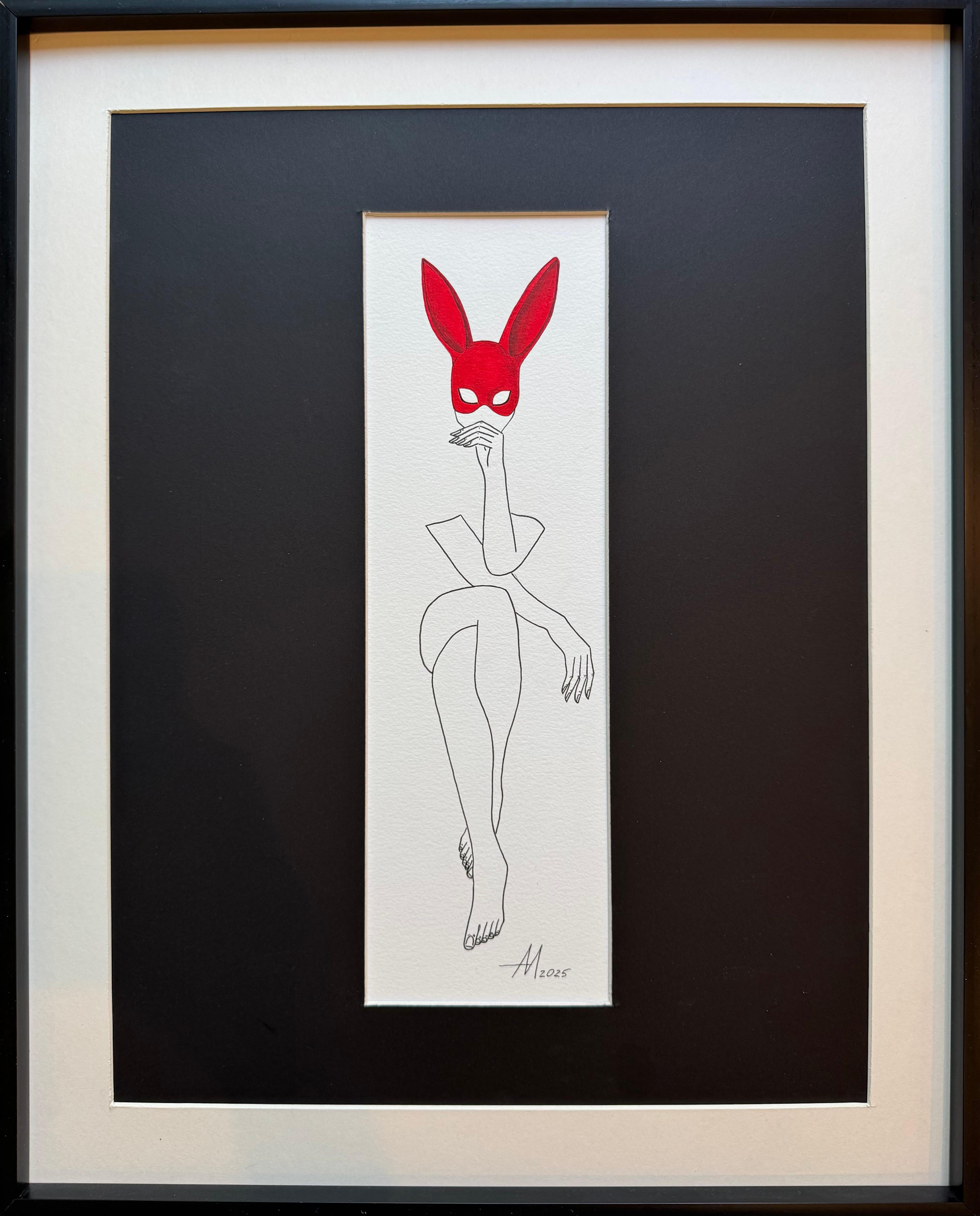 Mila Akopova Abstract Painting – Let's play- Line Drawing Woman Body mit roter Playboy Bunny Maske