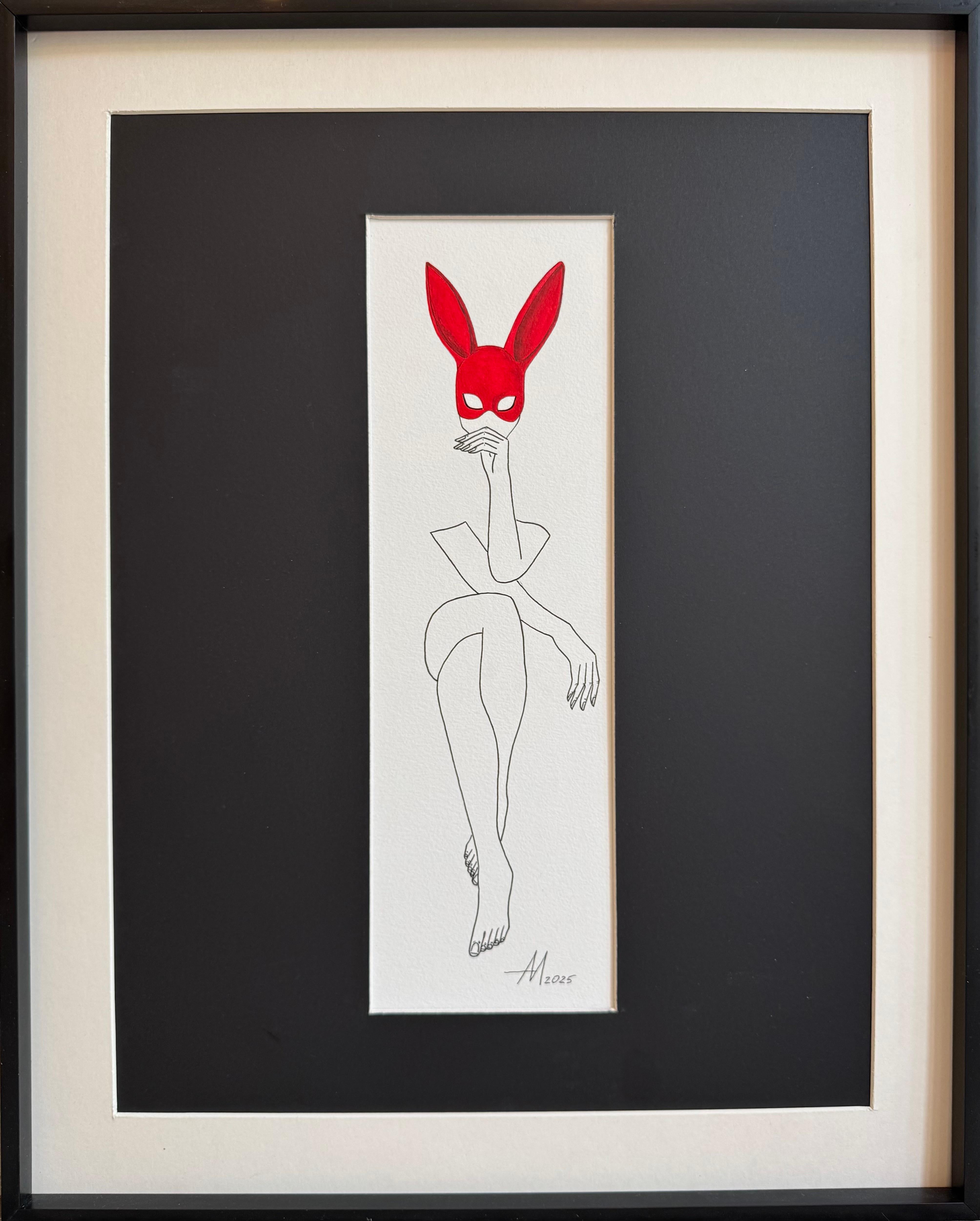 Let's play- Line Drawing Woman Body mit roter Playboy Bunny Maske – Painting von Mila Akopova
