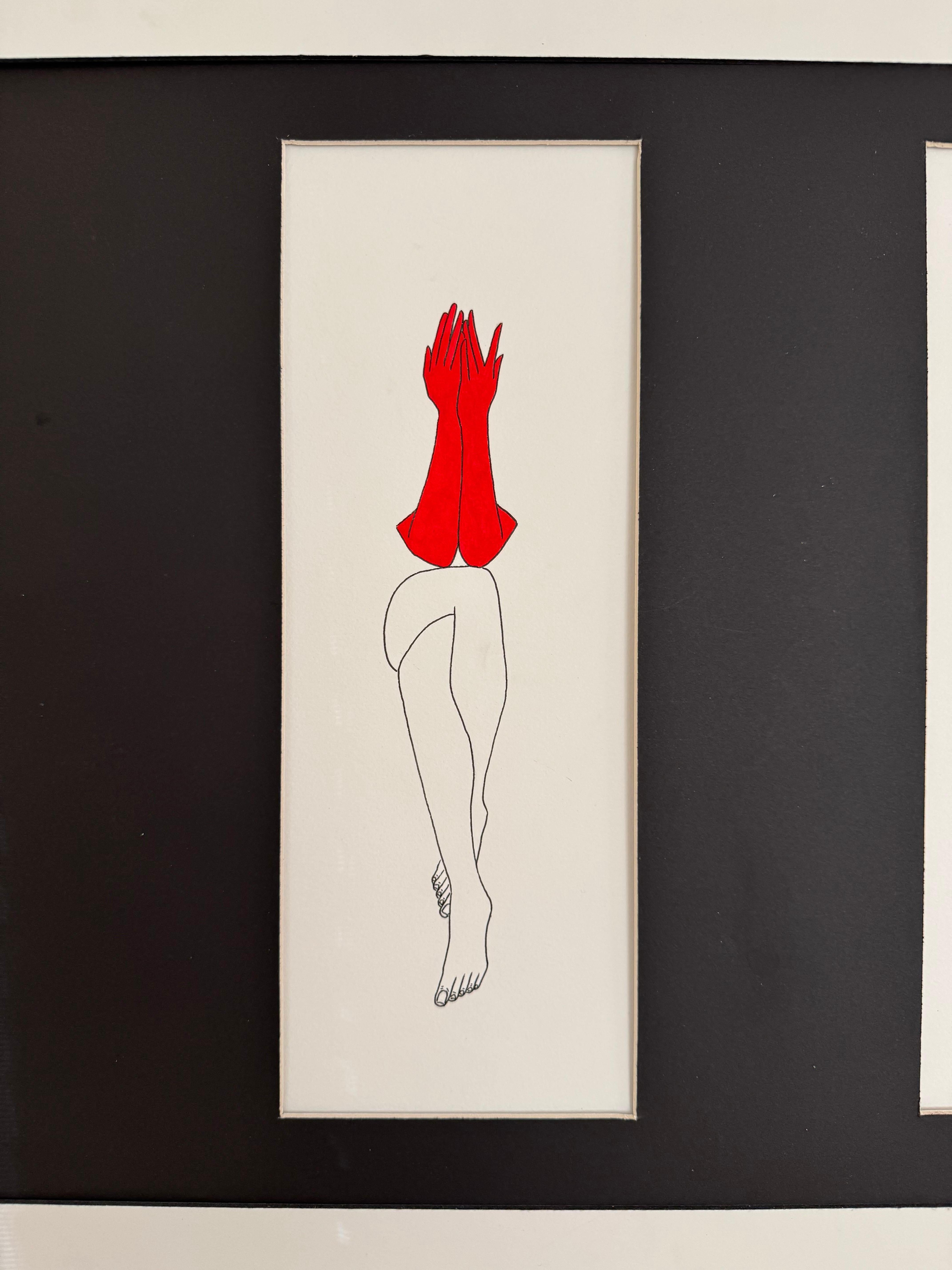 No ve, no oye, no habla -figura dibujada con guantes rojos - Abstract Drawing Gris de Mila Akopova