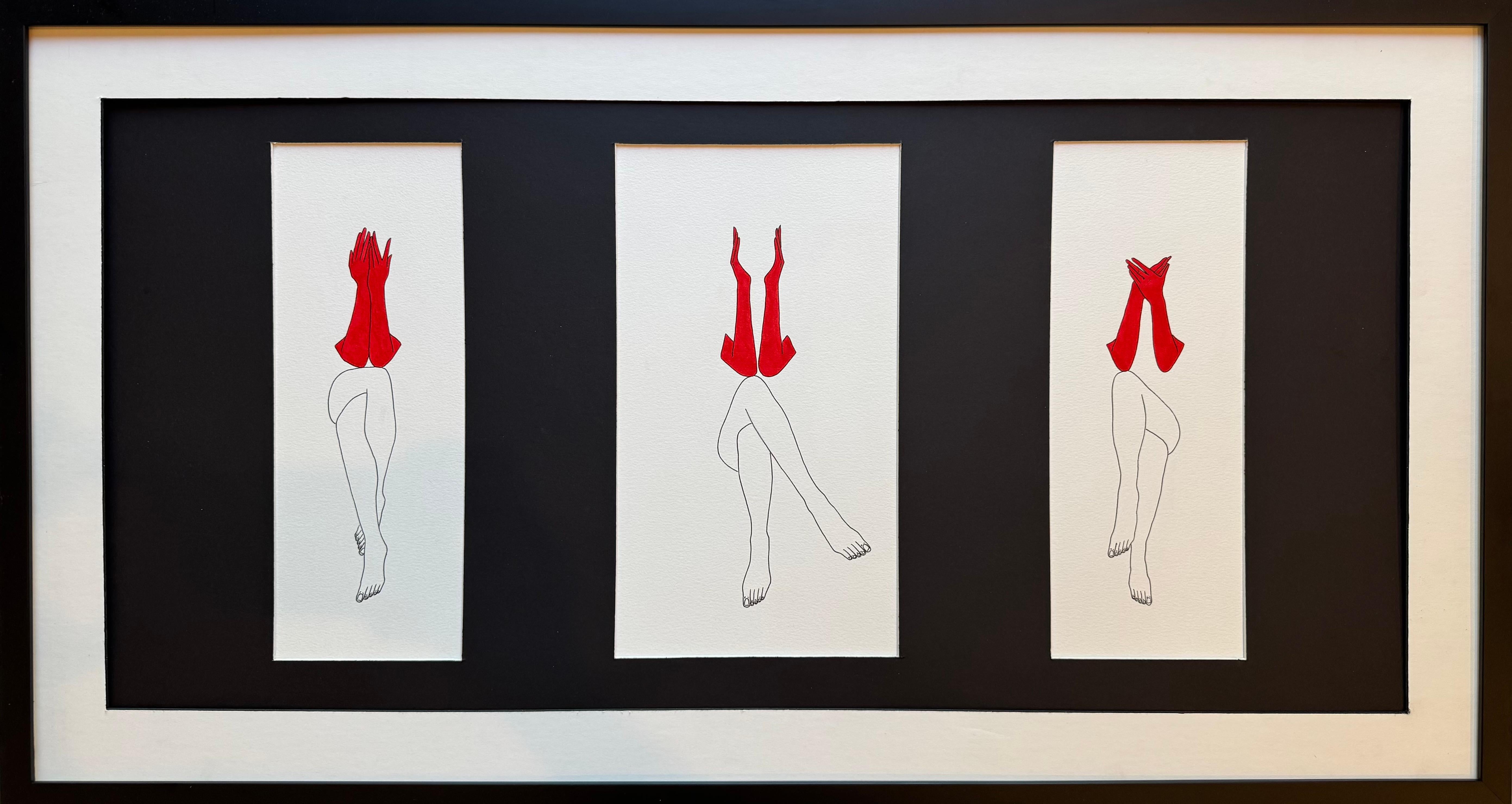 Abstract Drawing de Mila Akopova - No ve, no oye, no habla -figura dibujada con guantes rojos