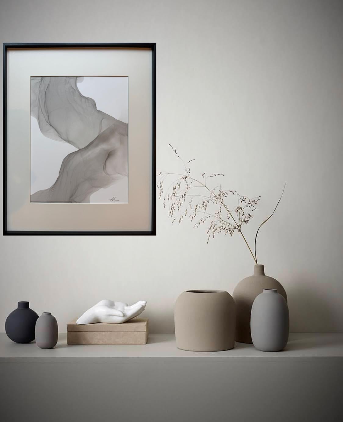 Quadri di design d'interni. L'opera è stata realizzata con inchiostro india in nero e grigio su carta Yupo. L'opera misura 11 x 14 pollici, incorniciata con una faccia in stirene su una tavola opaca di colore bianco con dimensioni di 16 x 20
