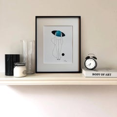 Gravity inside (turquoise planet)- line drawing woman figure with circle