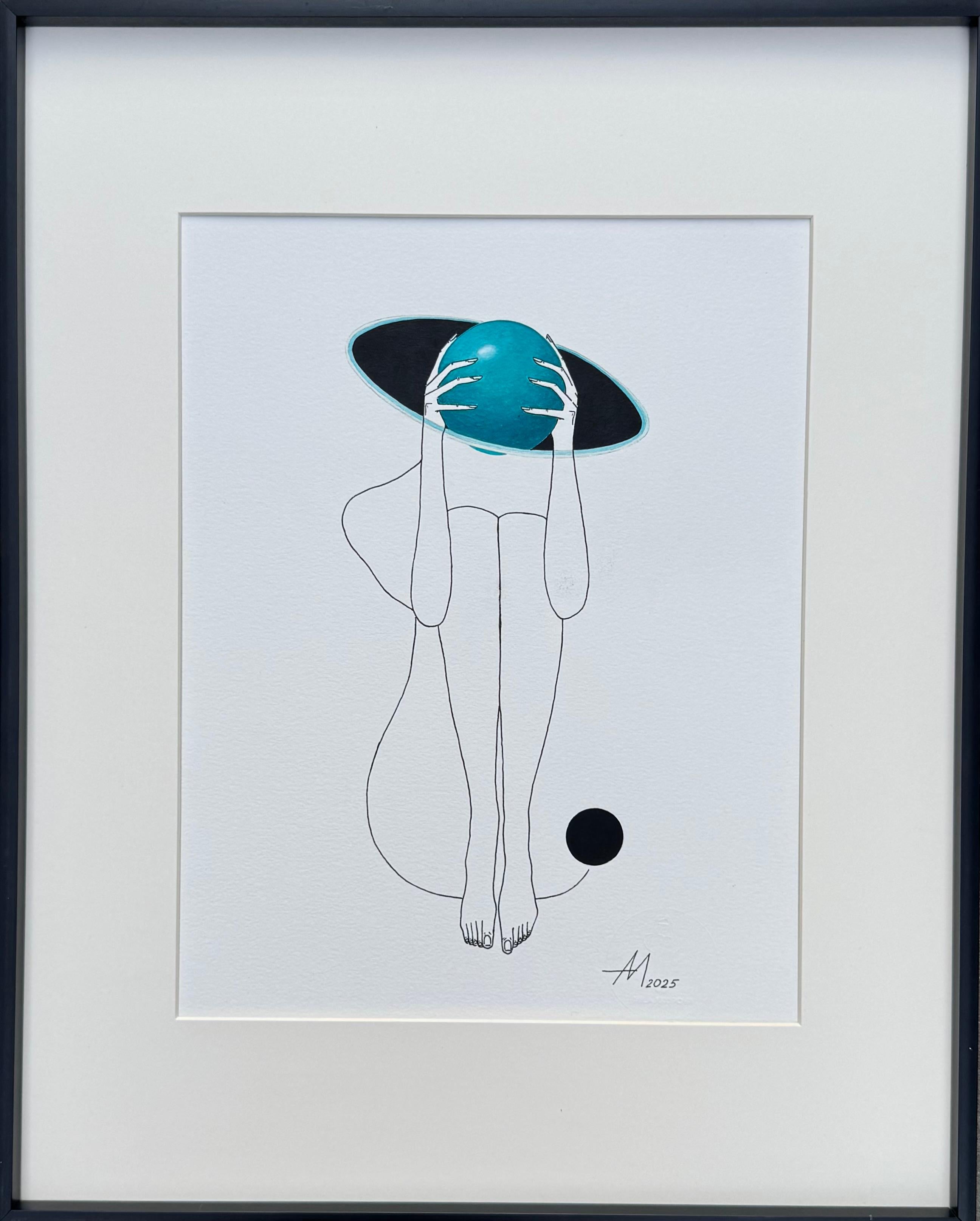 Gravity inside (turquoise planet)- line drawing woman figure with circle - Minimalist Painting by Mila Akopova