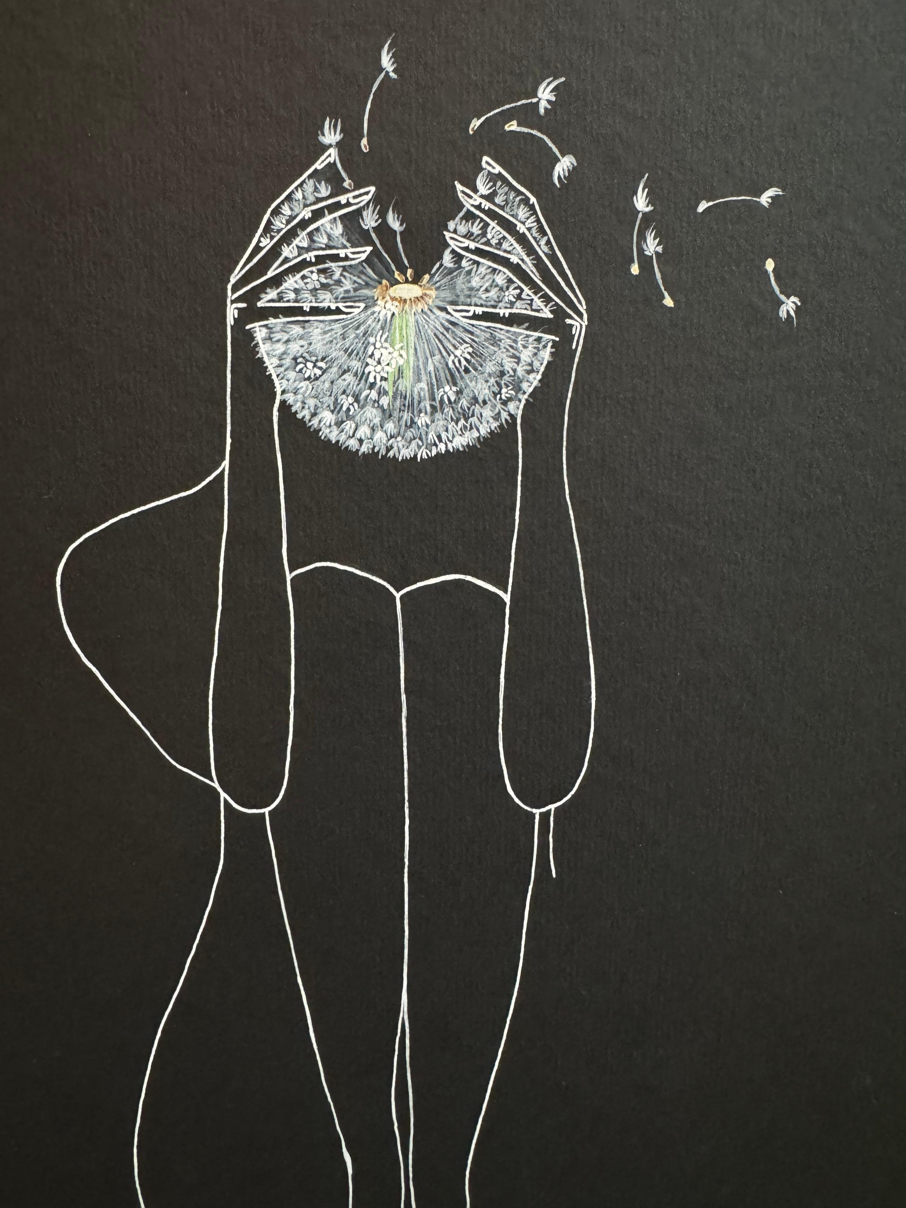 Thoughts - line drawing woman figure with dandelion - Art by Mila Akopova