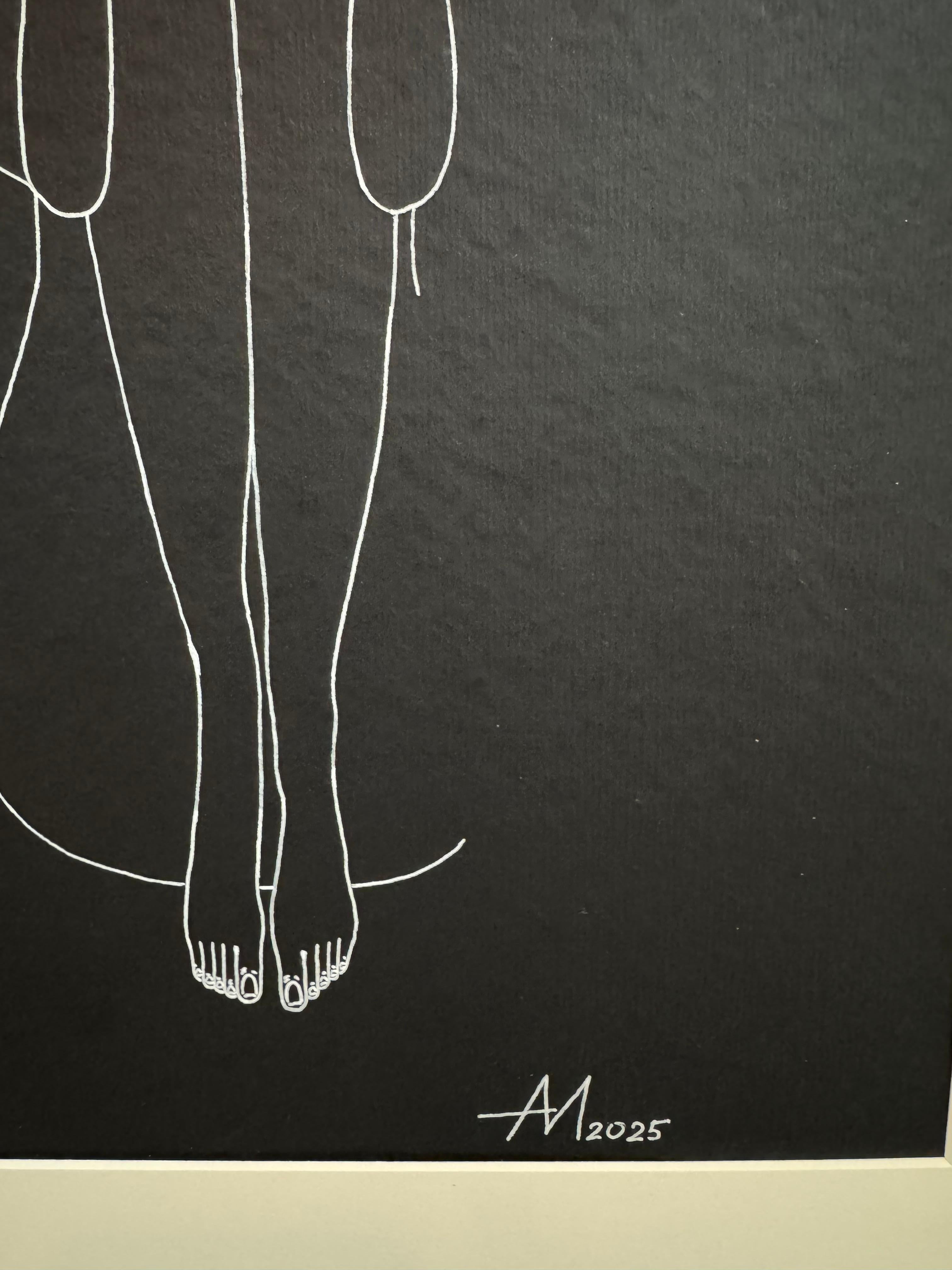 Thoughts - line drawing woman figure with dandelion - Abstract Art by Mila Akopova