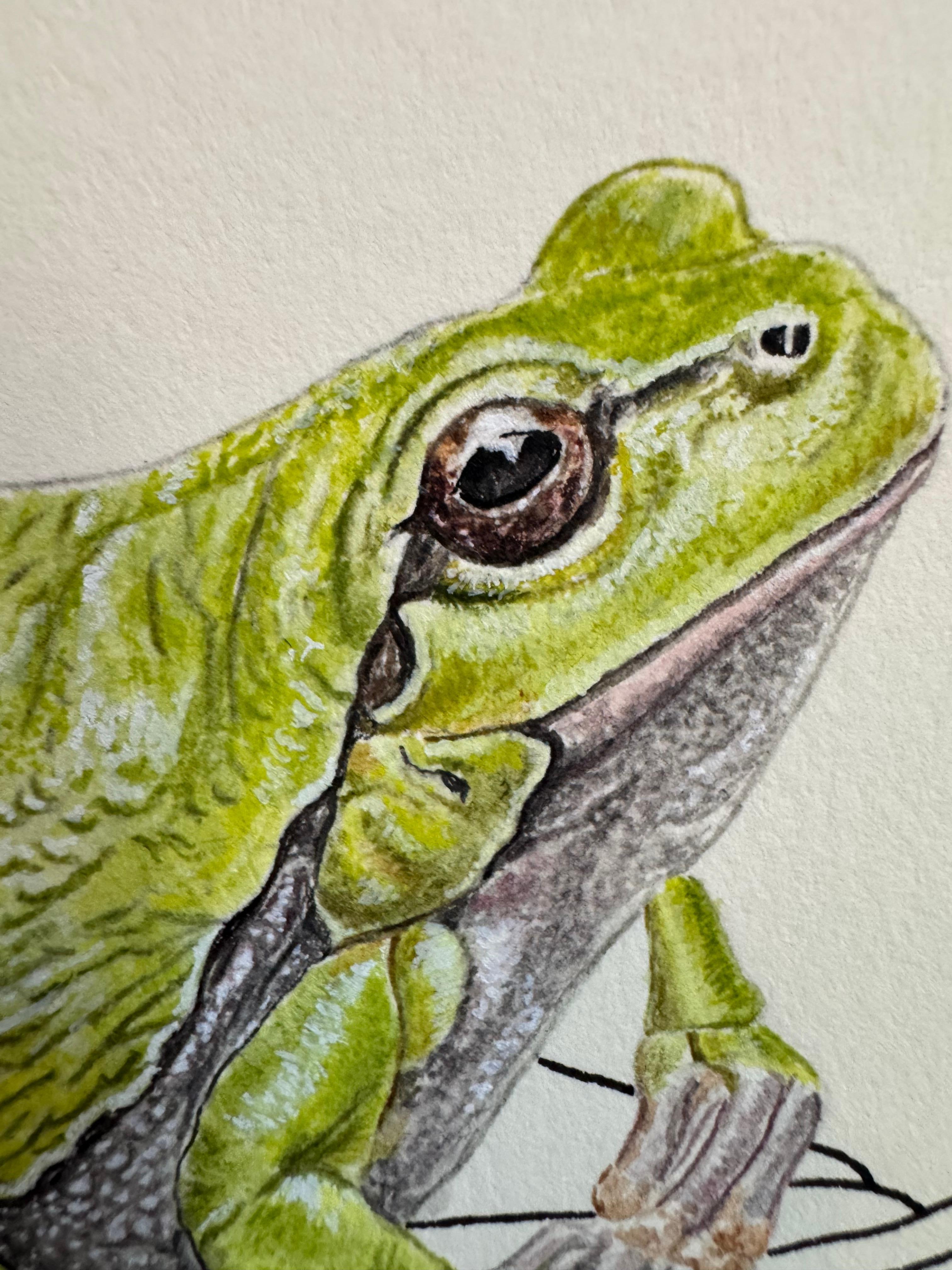 La prosperidad descansa aquí - dibujo lineal de manos con una rana verde (sapo Jin Chan) - Art Minimalista de Mila Akopova