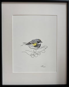 Where Wings Rest - line drawing of hands with a yellow-rumped Warbler bird