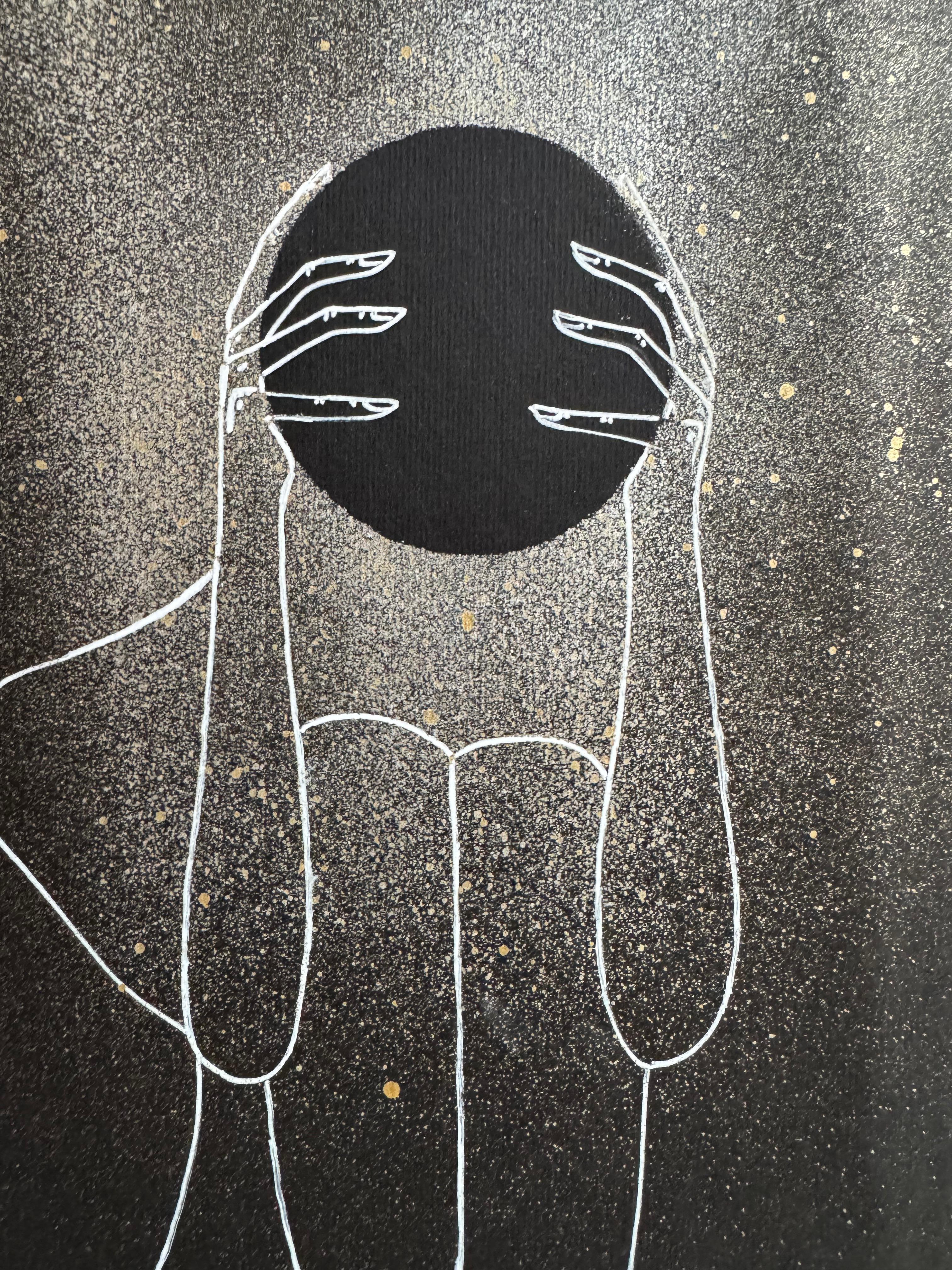 The Eclipse - dessin au trait d'une femme avec une planète - Abstrait Art par Mila Akopova