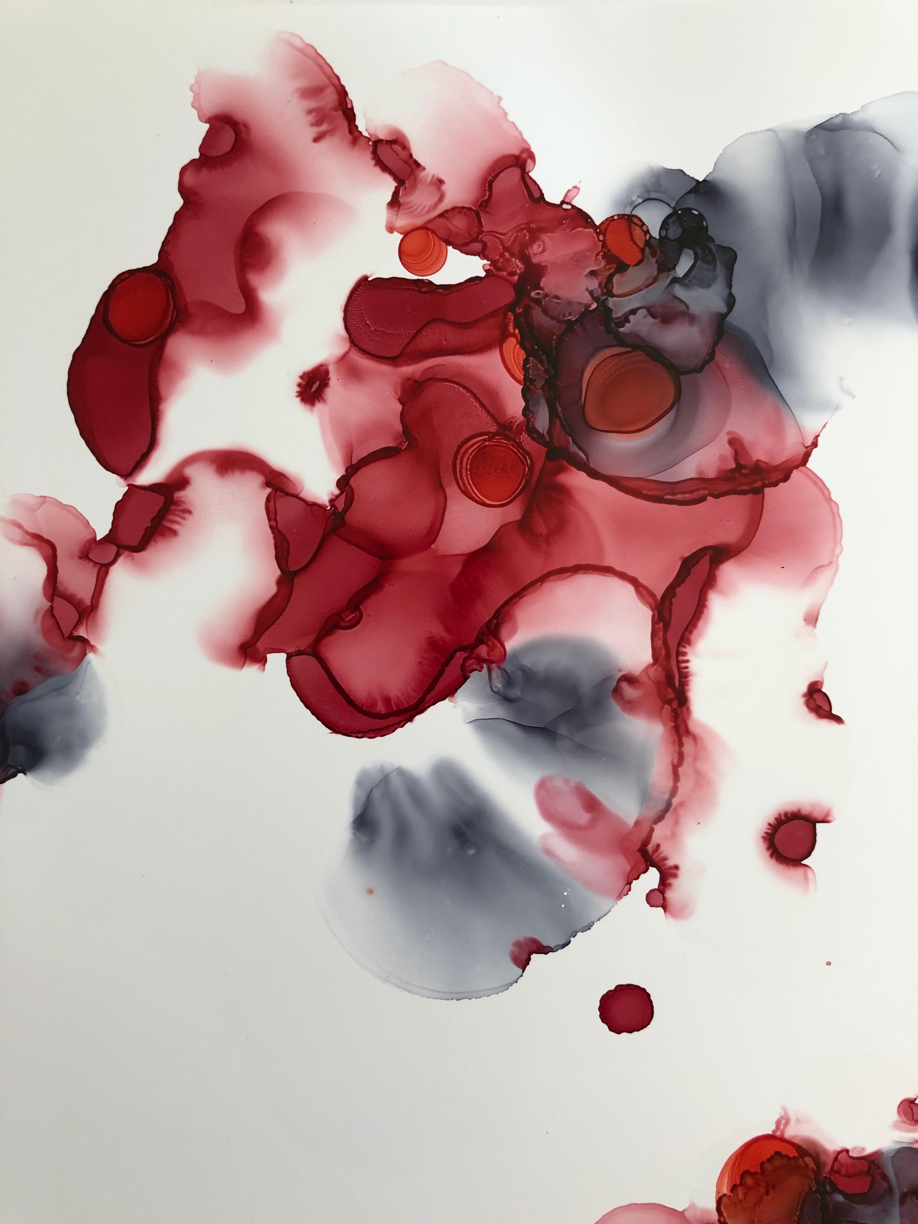 Singed roses - abstraction art, made in cherry red, garnet red, white, grey - Black Abstract Drawing by Mila Akopova