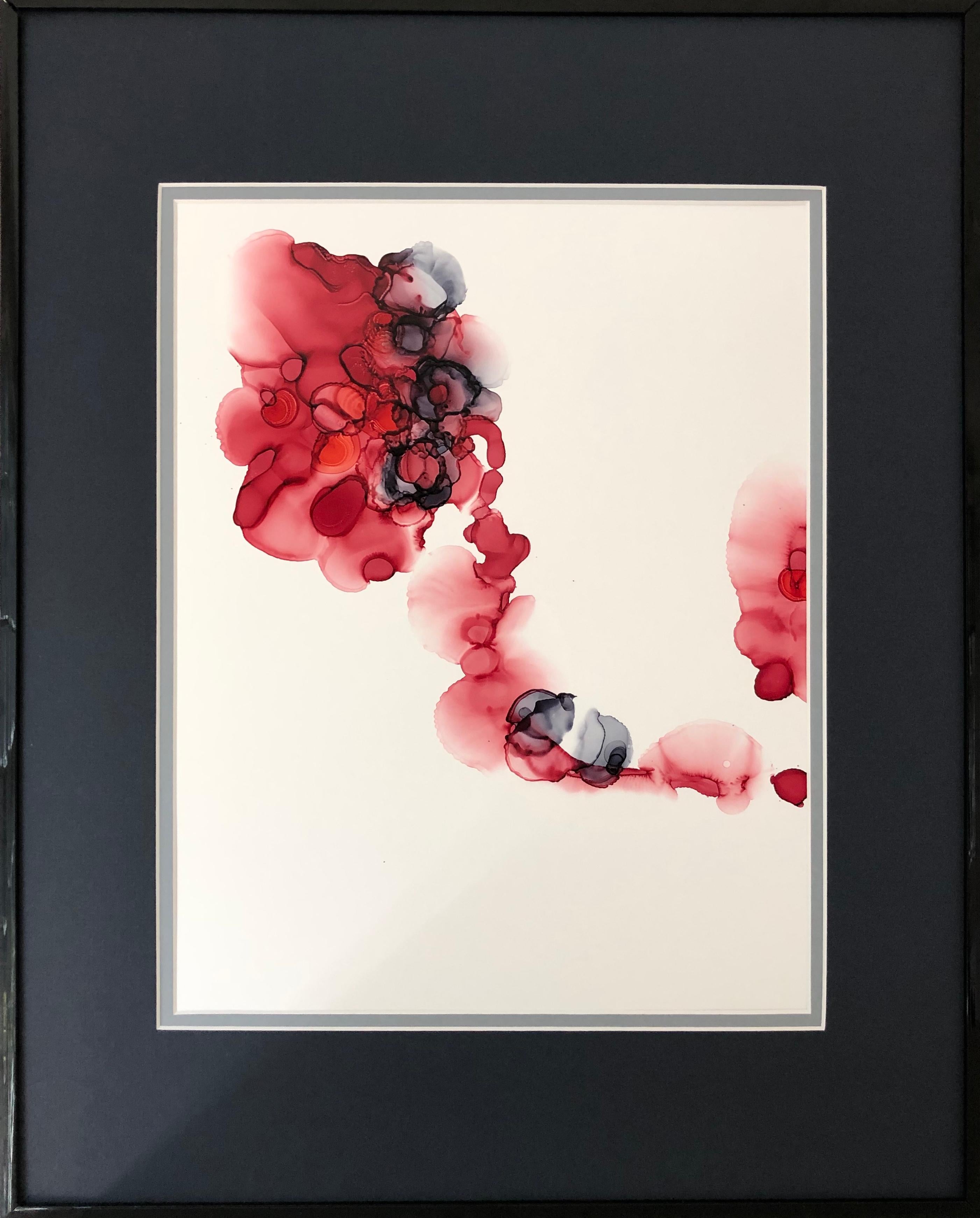 Singed roses - abstraction art, made in cherry red, garnet red, white, grey - Art by Mila Akopova