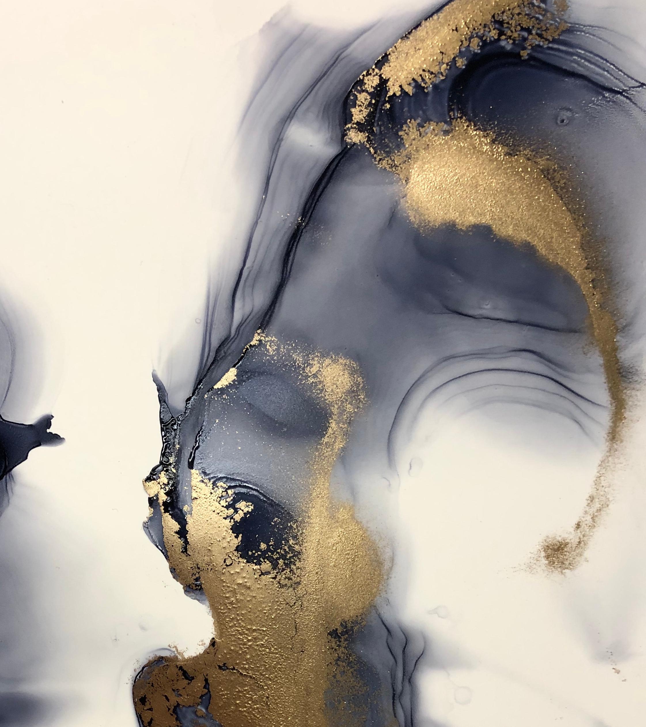 Whirl- abstraction art, made in gold, grey, black, white - Painting by Mila Akopova
