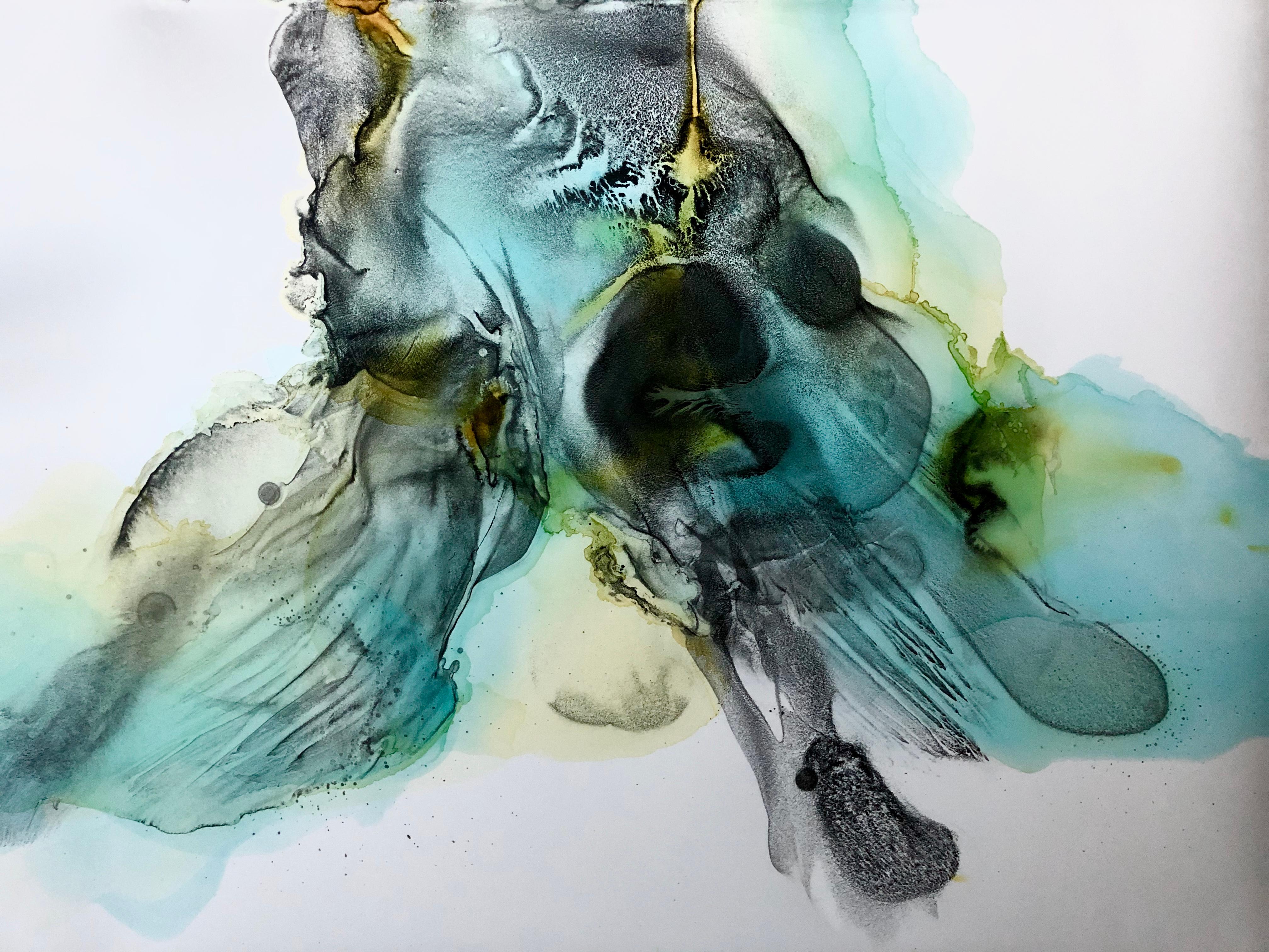 Brain d'Hawaï - peinture abstraite en bleu turquoise, jaune, noir - Noir Abstract Painting par Lena Cher
