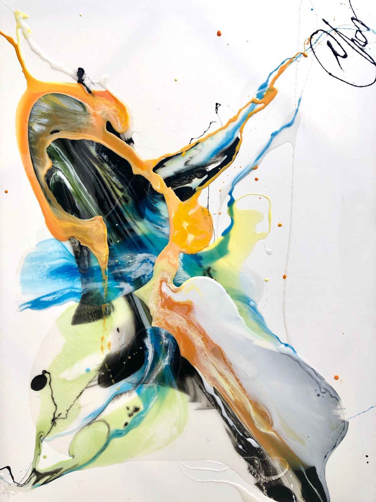 Abstract Drawing di Lena Cher - Blue Flows #2 - dipinto astratto in azzurro, giallo, arancione, nero e bianco
