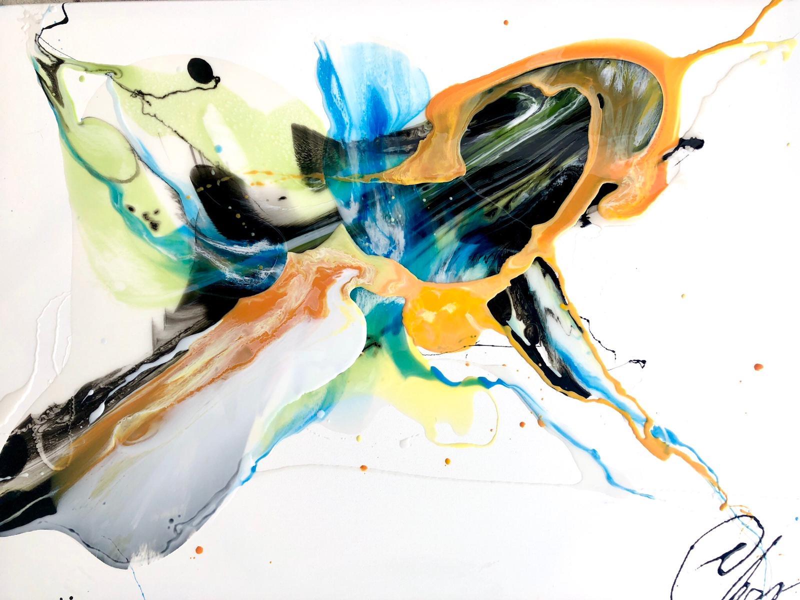 Blue Flows n° 2 - peinture abstraite en bleu clair, jaune, orange, noir et blanc - Art de Lena Cher