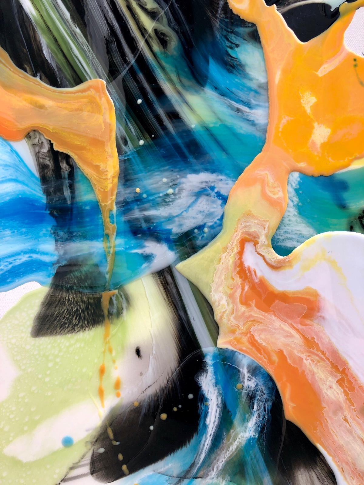 Blue Flows #2 - dipinto astratto in azzurro, giallo, arancione, nero e bianco - Abstract Drawing Grigio di Lena Cher