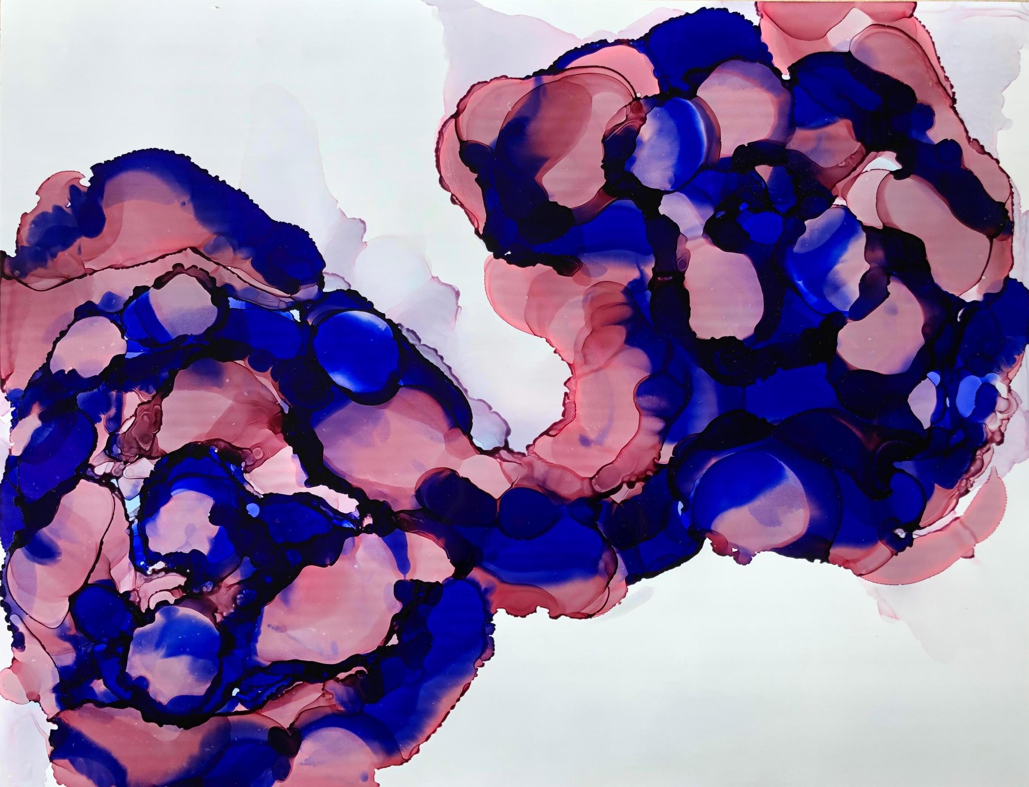 Sommer-Cocktail-Abstraktionskunst aus ultramarinblauem, rosafarbenem Design (Abstrakter Expressionismus), Art, von Mila Akopova