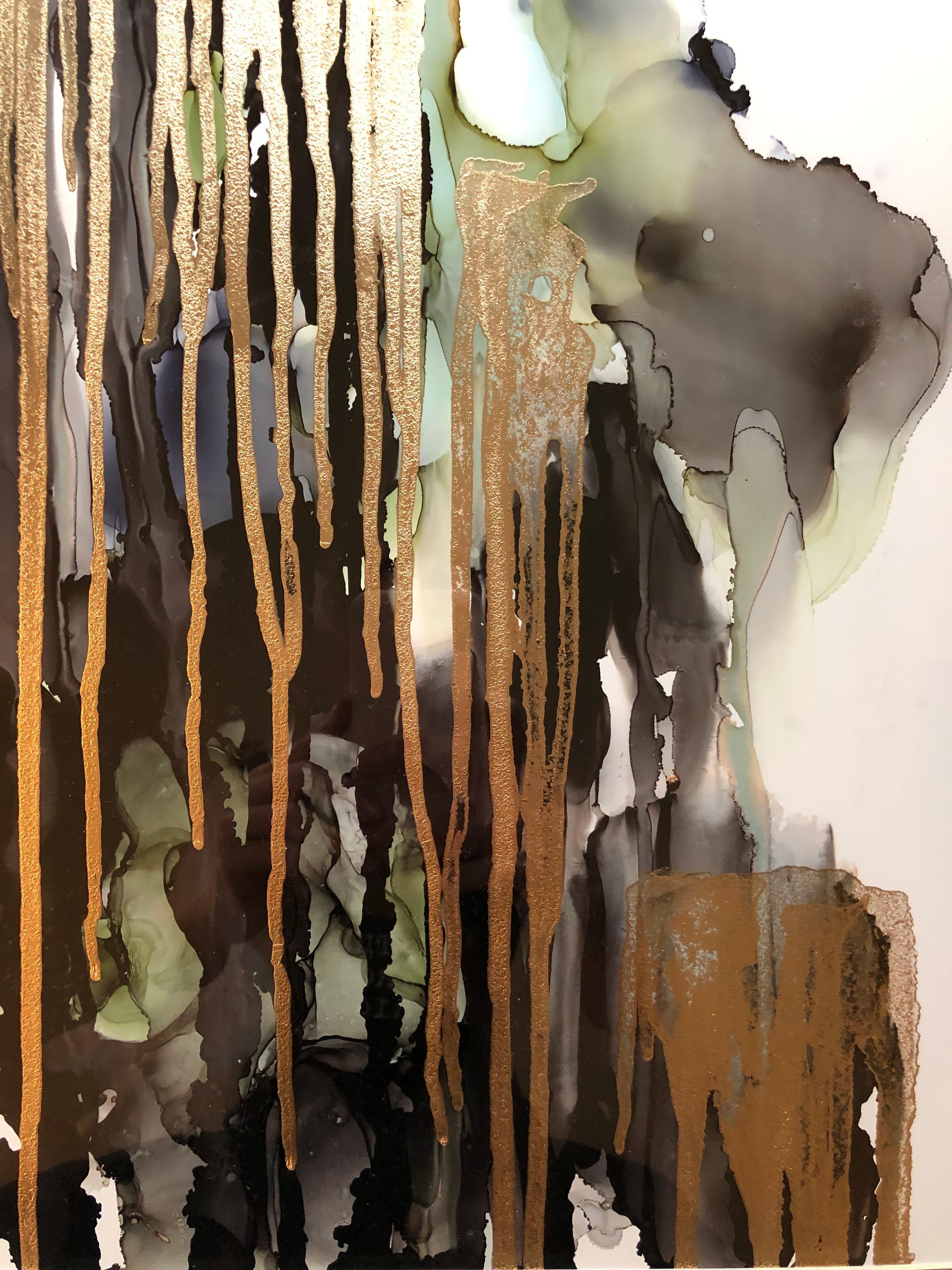 Weeping willow-abstrakte Malerei, gefertigt in Grün, Gold, Rücken, Grau, Olivfarbe – Art von Mila Akopova