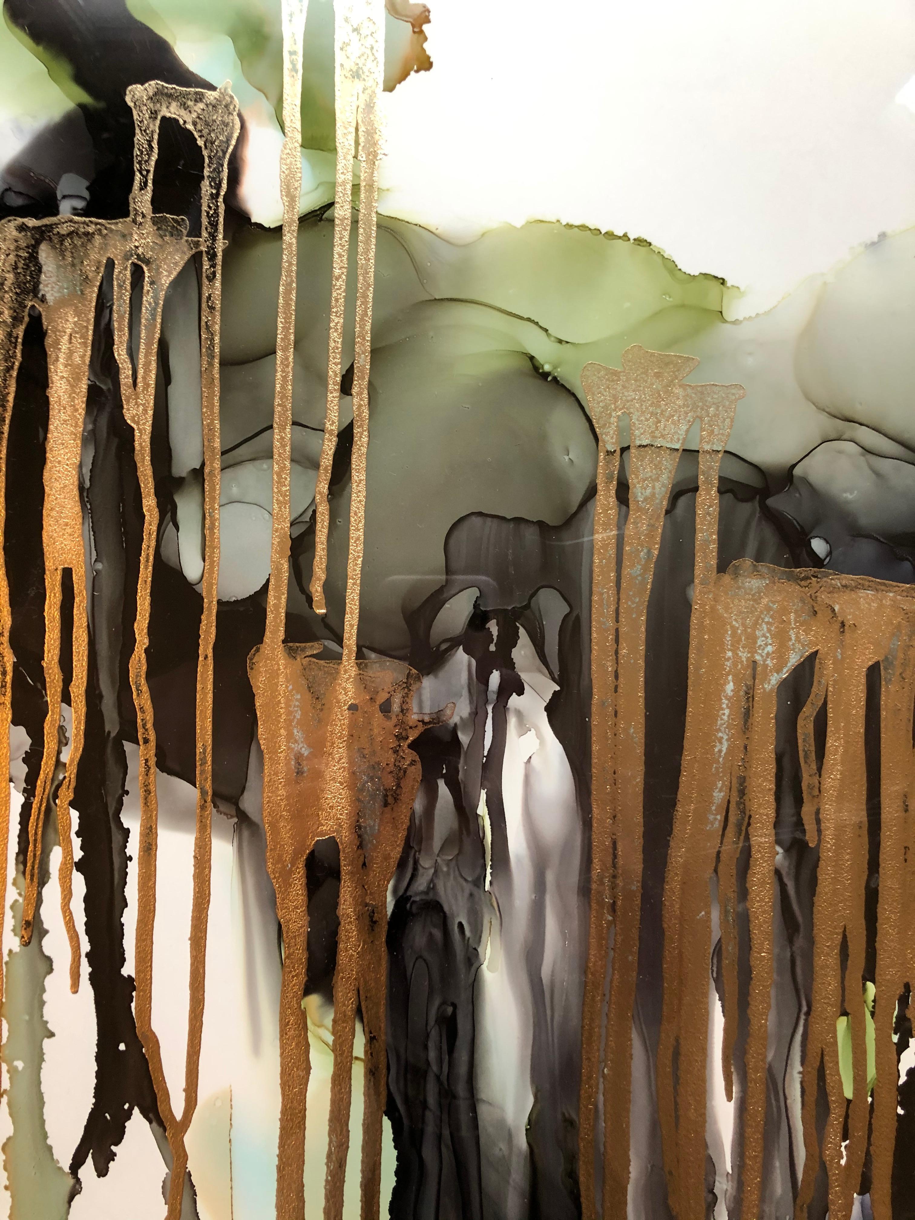 Weeping willow-abstrakte Malerei, gefertigt in Grün, Gold, Rücken, Grau, Olivfarbe (Braun), Abstract Drawing, von Mila Akopova