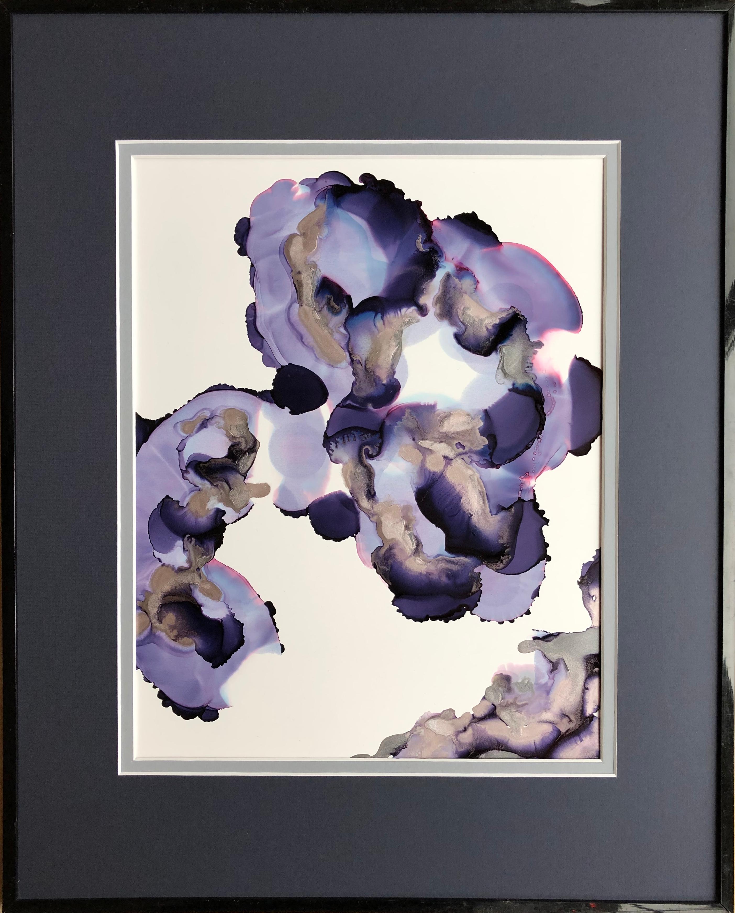Iris II-abstraction art, made in violet, purple, pink, gold, silver - Painting by Mila Akopova
