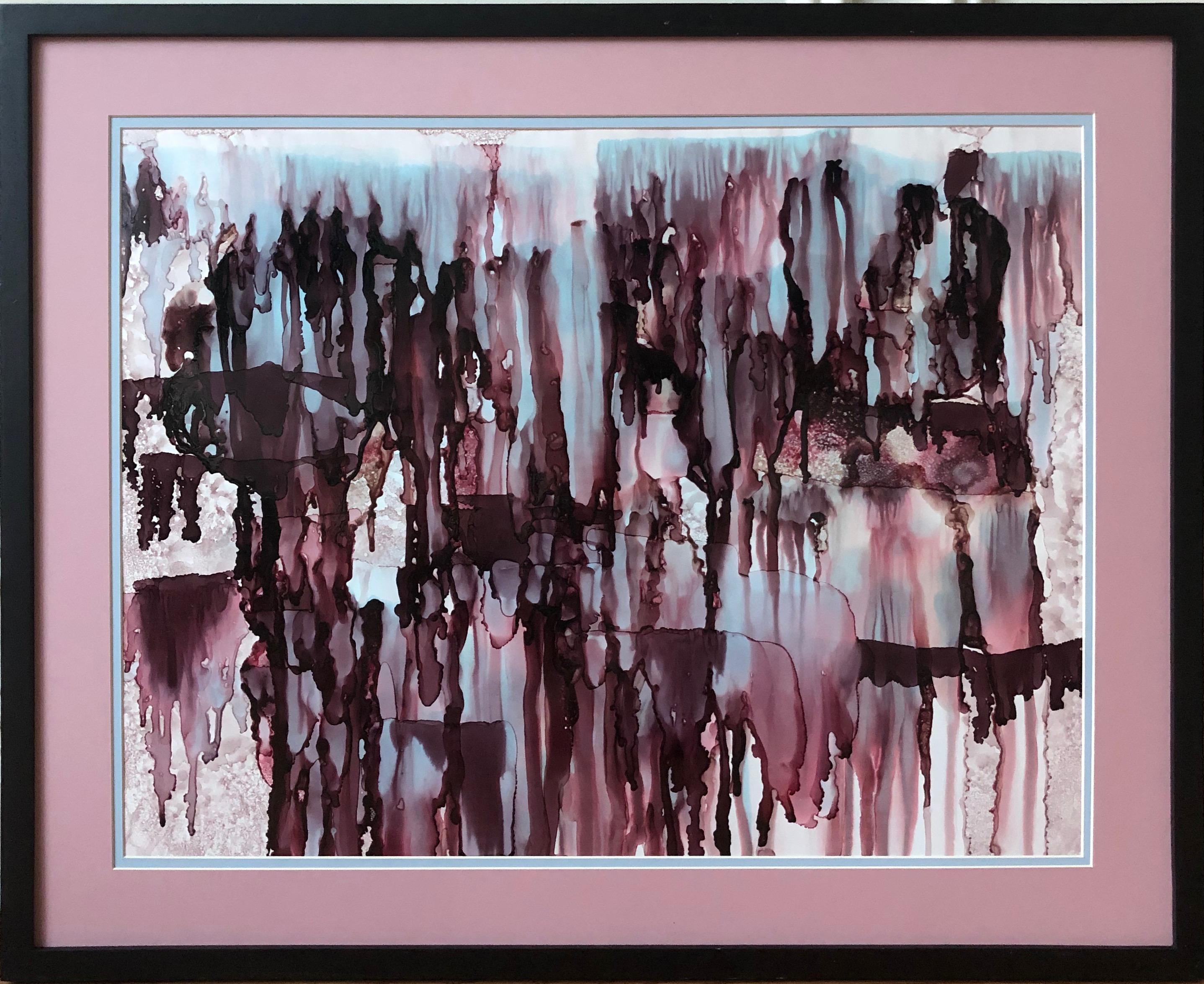 Interior design paintings. The work was done with alcohol ink in garnet red, light blue, aubergine color on Yupo paper. The work is 20 by 26 inches in size, framed in fine-quality solid wood with a styrene face on a double mat board in gray with