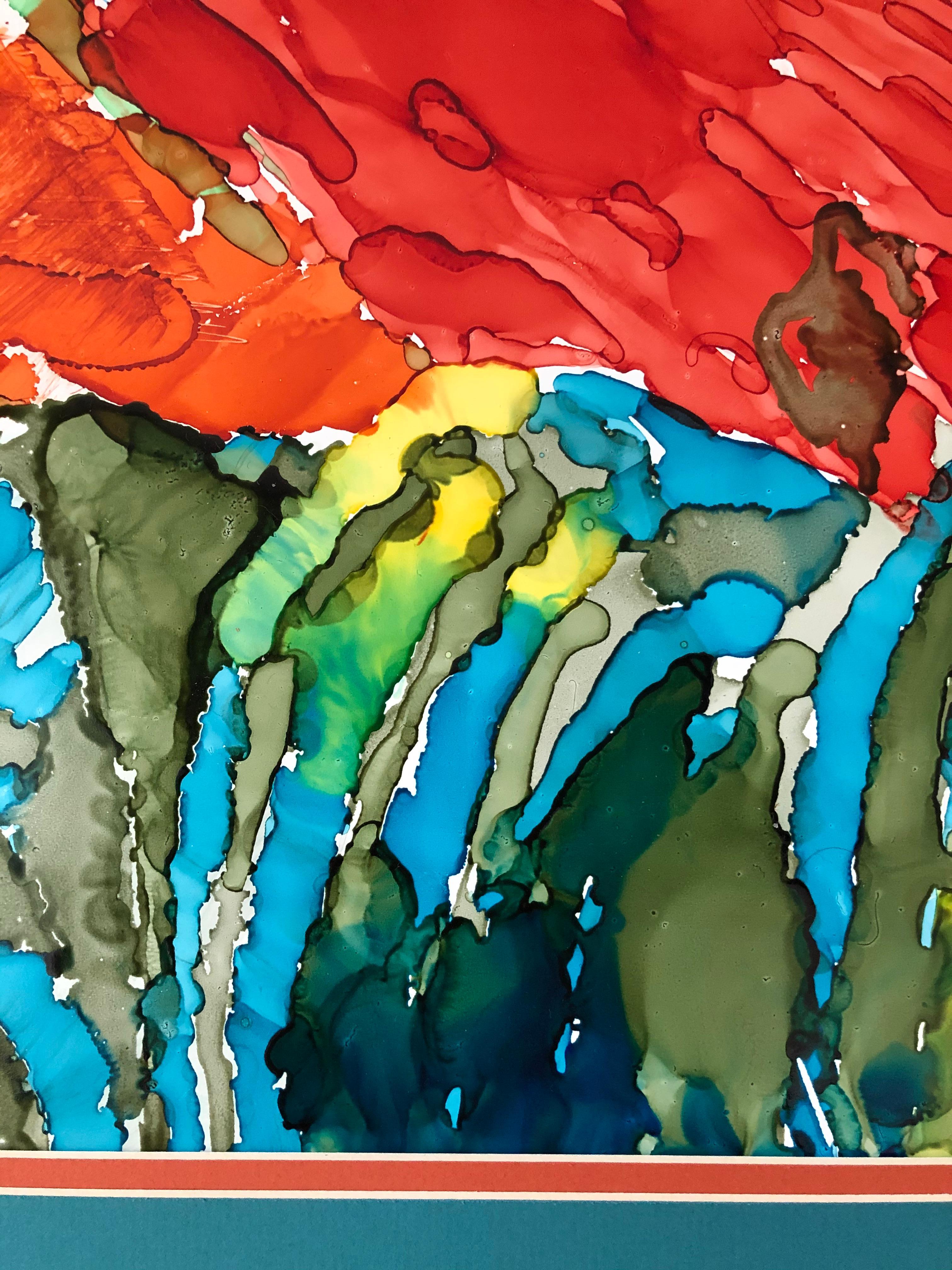 Innenarchitektur-Gemälde. Das Landschaftsbild wurde mit Alkoholtinte in den Farben Gelb, Orange, Rot, Blau, Grün und Rosa auf Yupo-Papier erstellt. Das Werk ist 22 x 28 Zoll groß, gerahmt in hochwertigem weißem Massivholz mit einer Styrolplatte auf