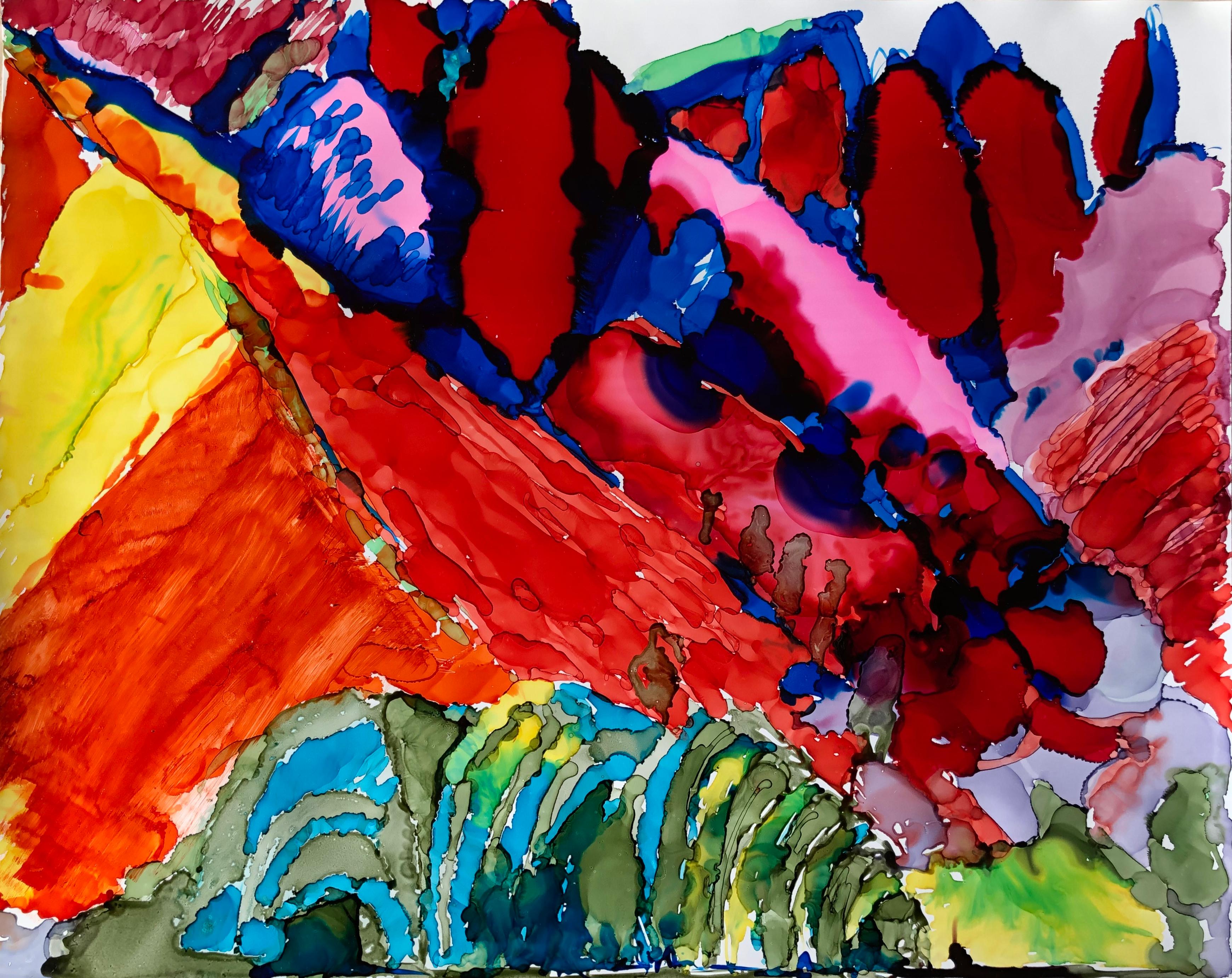 Paysage de montagne inspiré par M. Saryan, fabriqué en jaune, orange, rouge, bleu et turquoise - Expressionnisme abstrait Painting par Mila Akopova