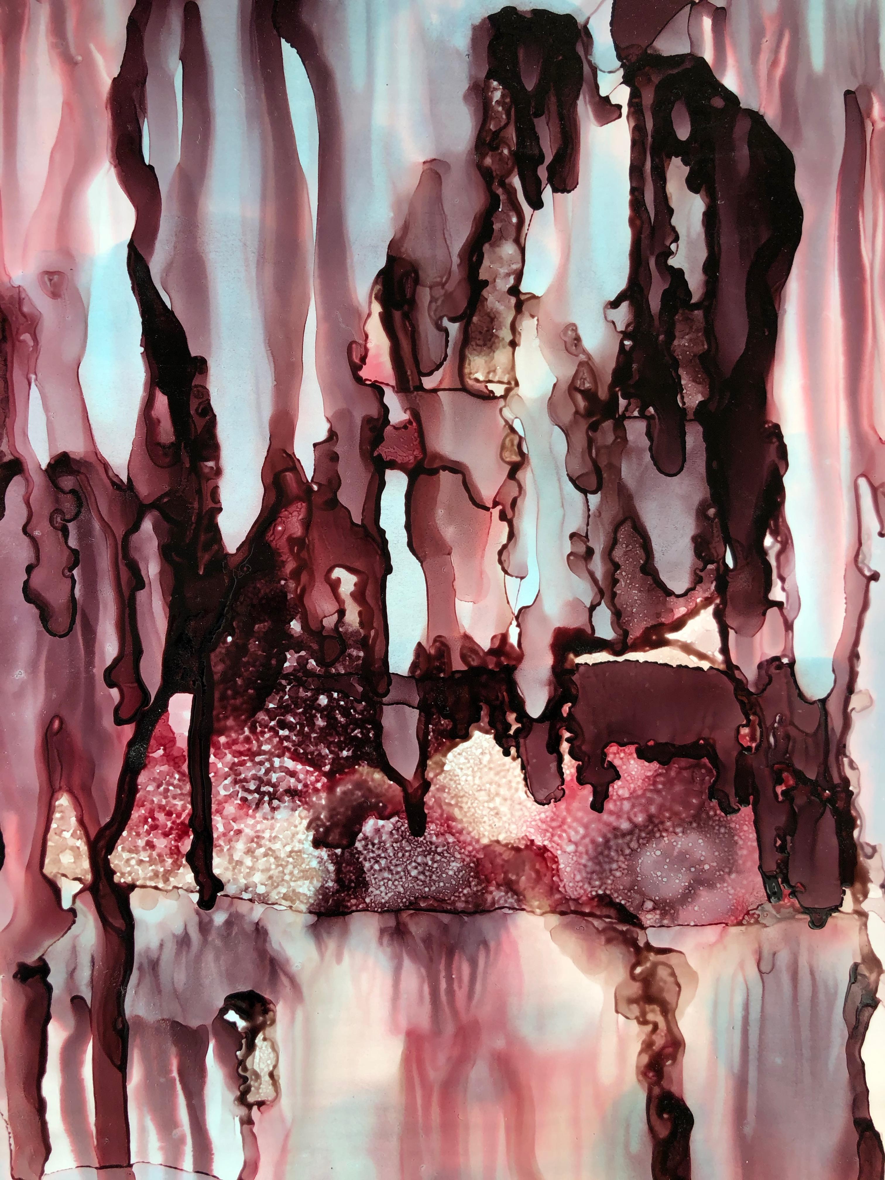 Colorfall III-Abstraktionskunst, in Granatrot, Hellblau, Auberginefarbe gefertigt (Abstrakter Expressionismus), Art, von Mila Akopova