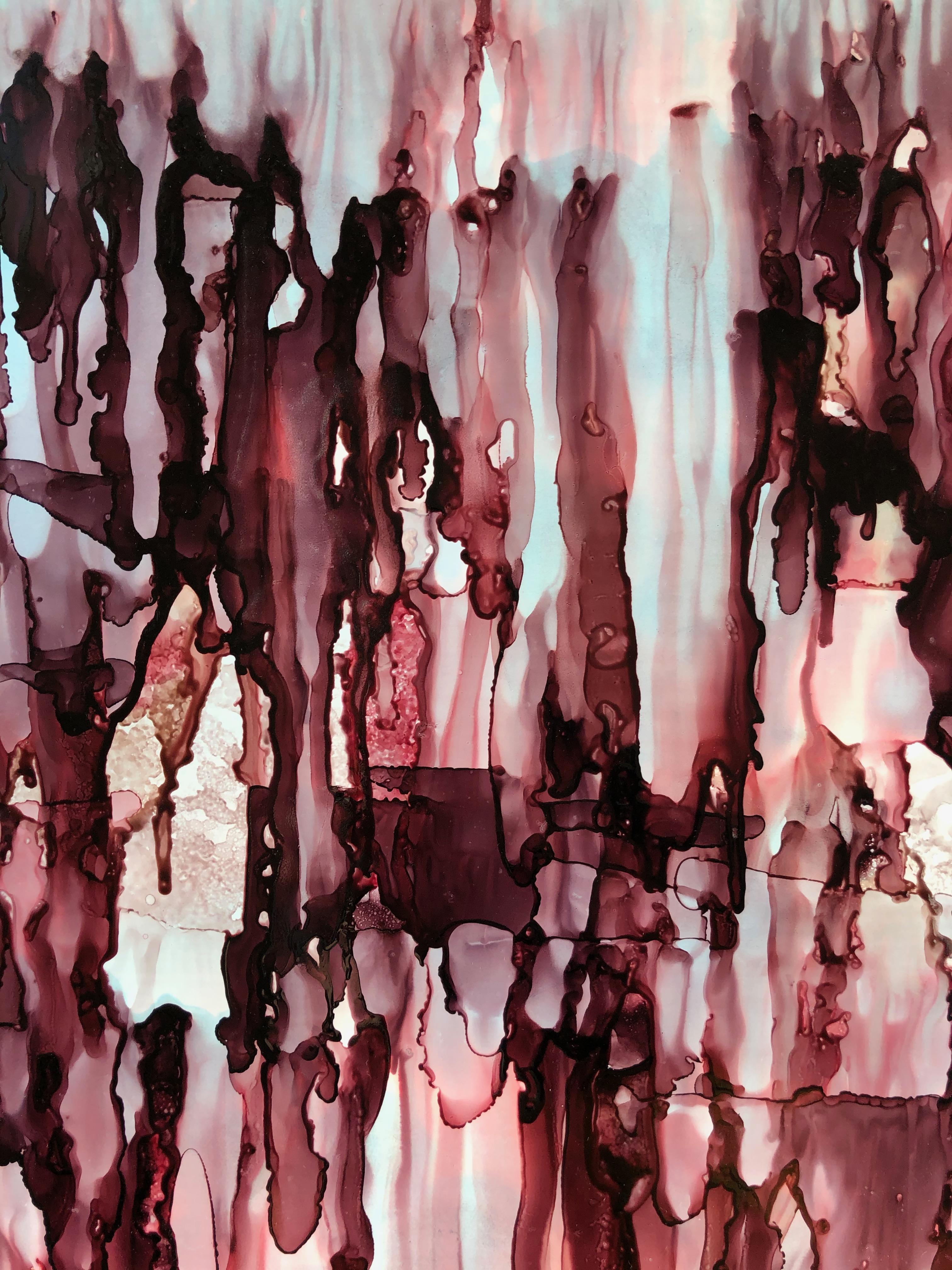 Art Colorfall III -abstraction, réalisé en rouge grenat, bleu clair, couleur aubergine en vente 2