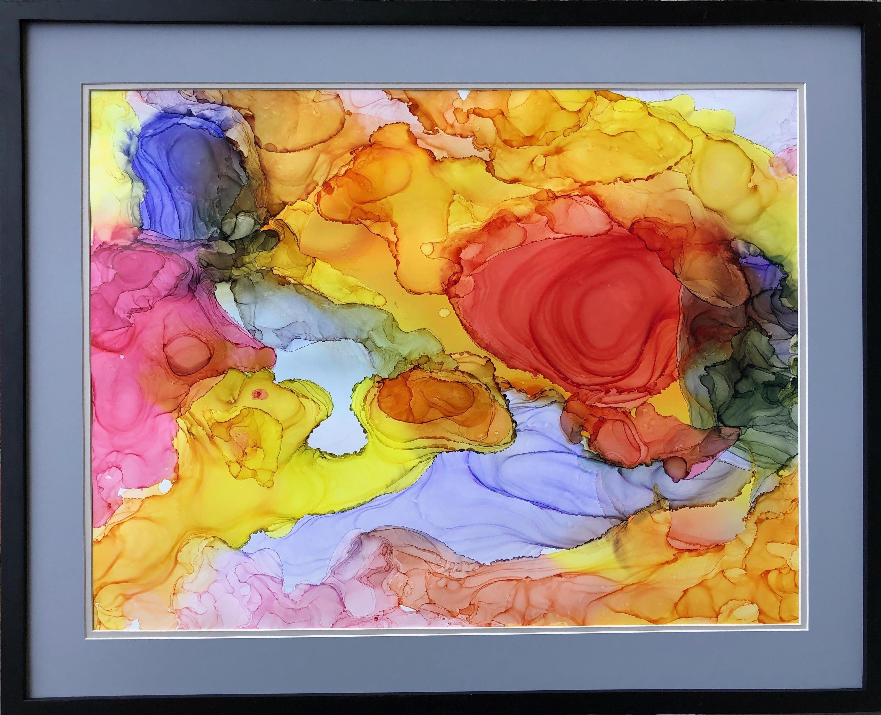Interior design paintings. The work was done with alcohol ink in orange, yellow, red, blue, pink and green color on Yupo paper. The work is 20 by 26 inches in size, framed in fine-quality solid wood with a styrene face on a double mat board in pale