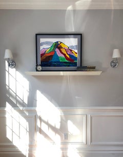 Africa (mountain)- abstract art, made in yellow, orange, blue, pink, grey, green, brown