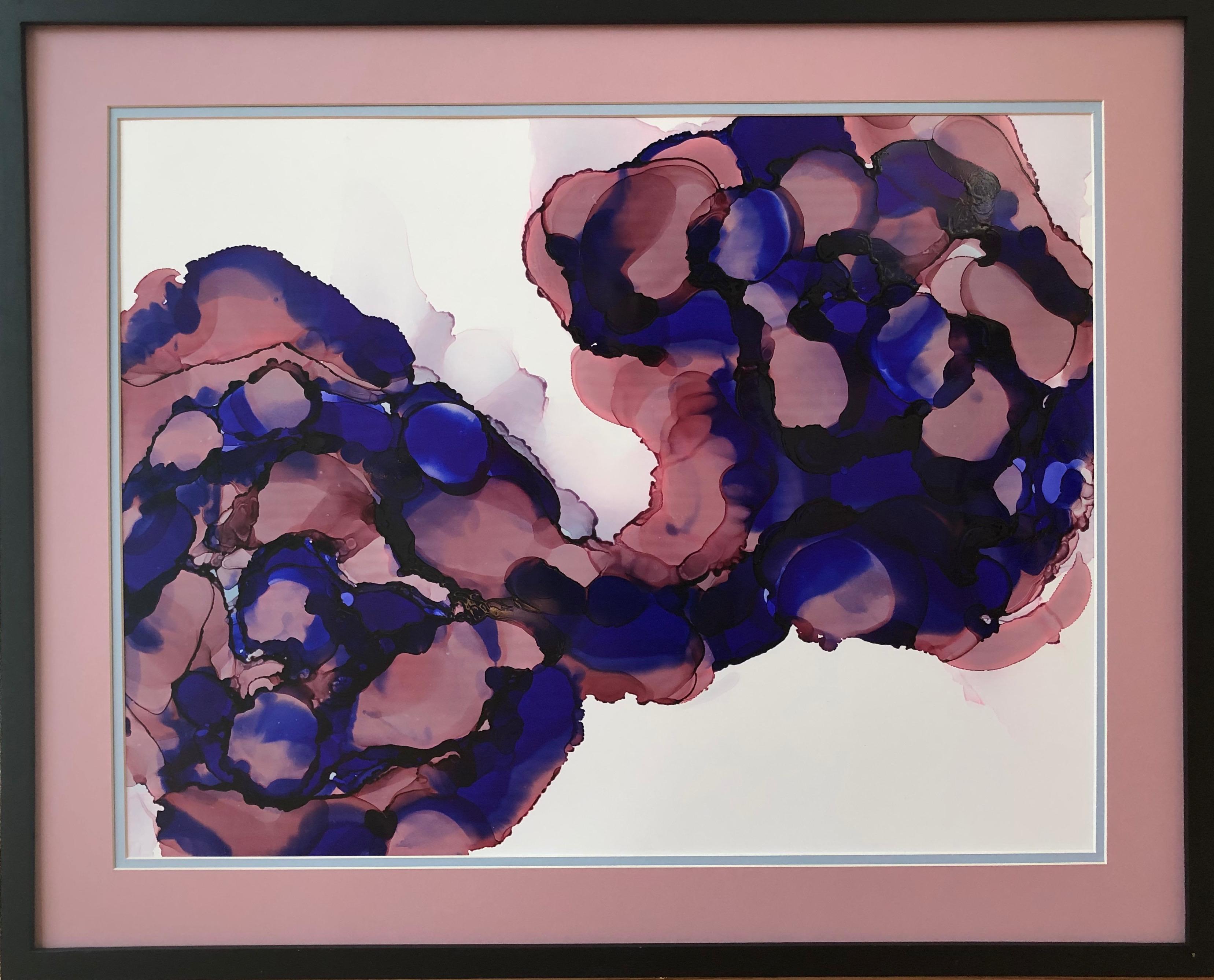 Art d'abstraction de cocktail d'été, réalisé en bleu ultramarine, rose, couleur rose - Gris Abstract Painting par Mila Akopova