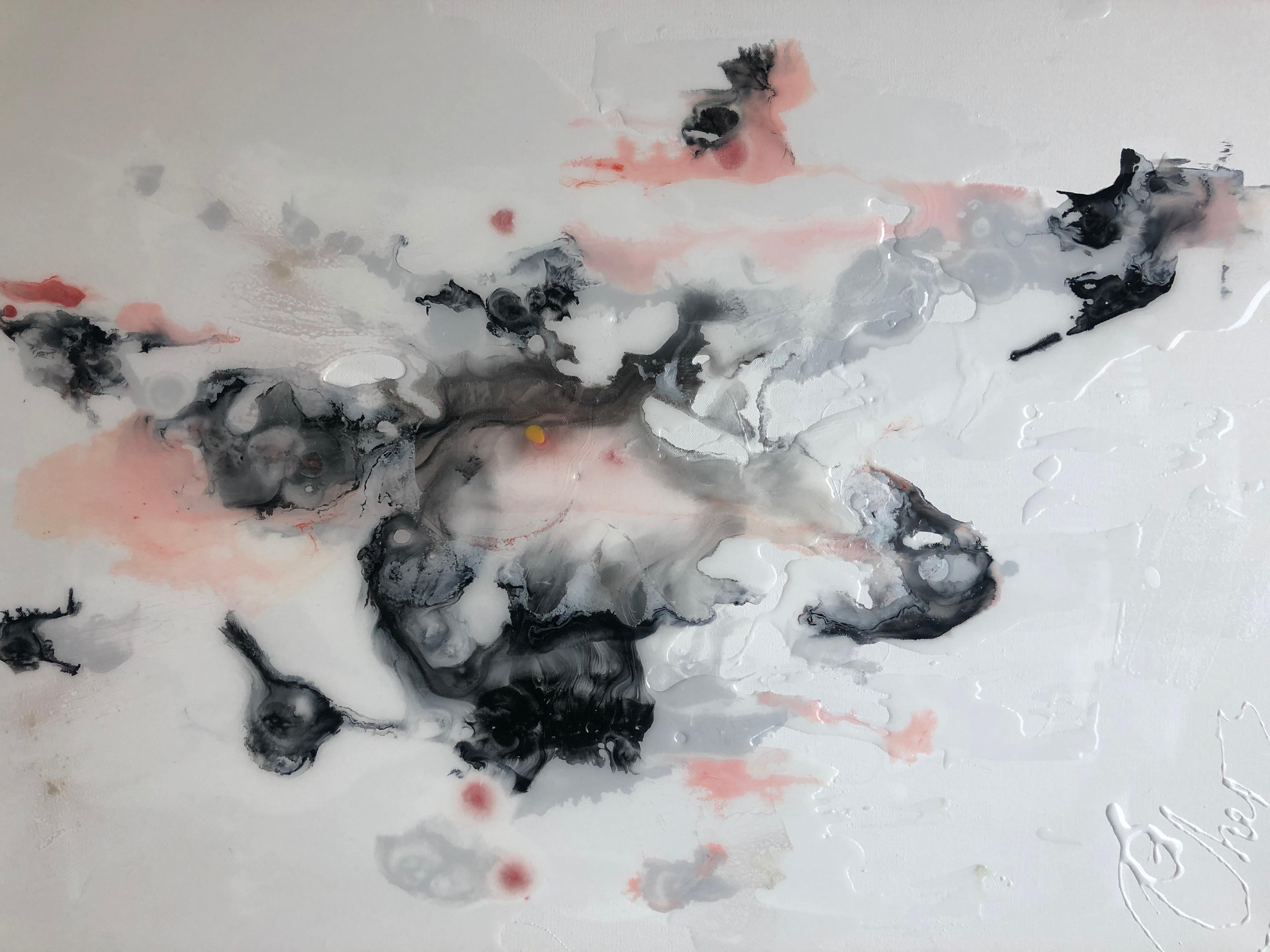 Accidental Beauty-abstract painting in pale pink, black, grey, white, rose color - Art by Lena Cher