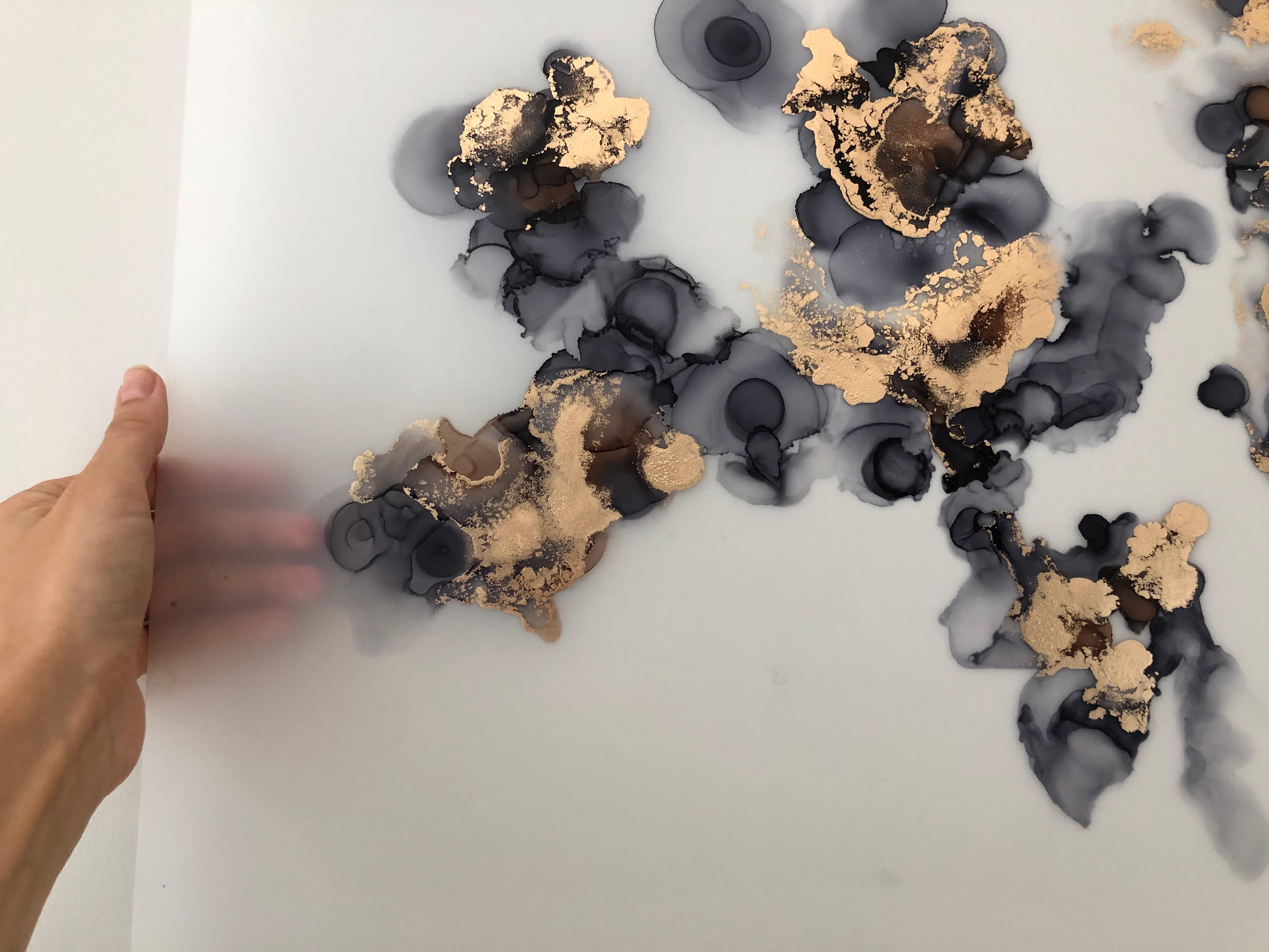 Delicacy II - abstraction art, made in gold, brown, gray, navy blue, turquoise 1