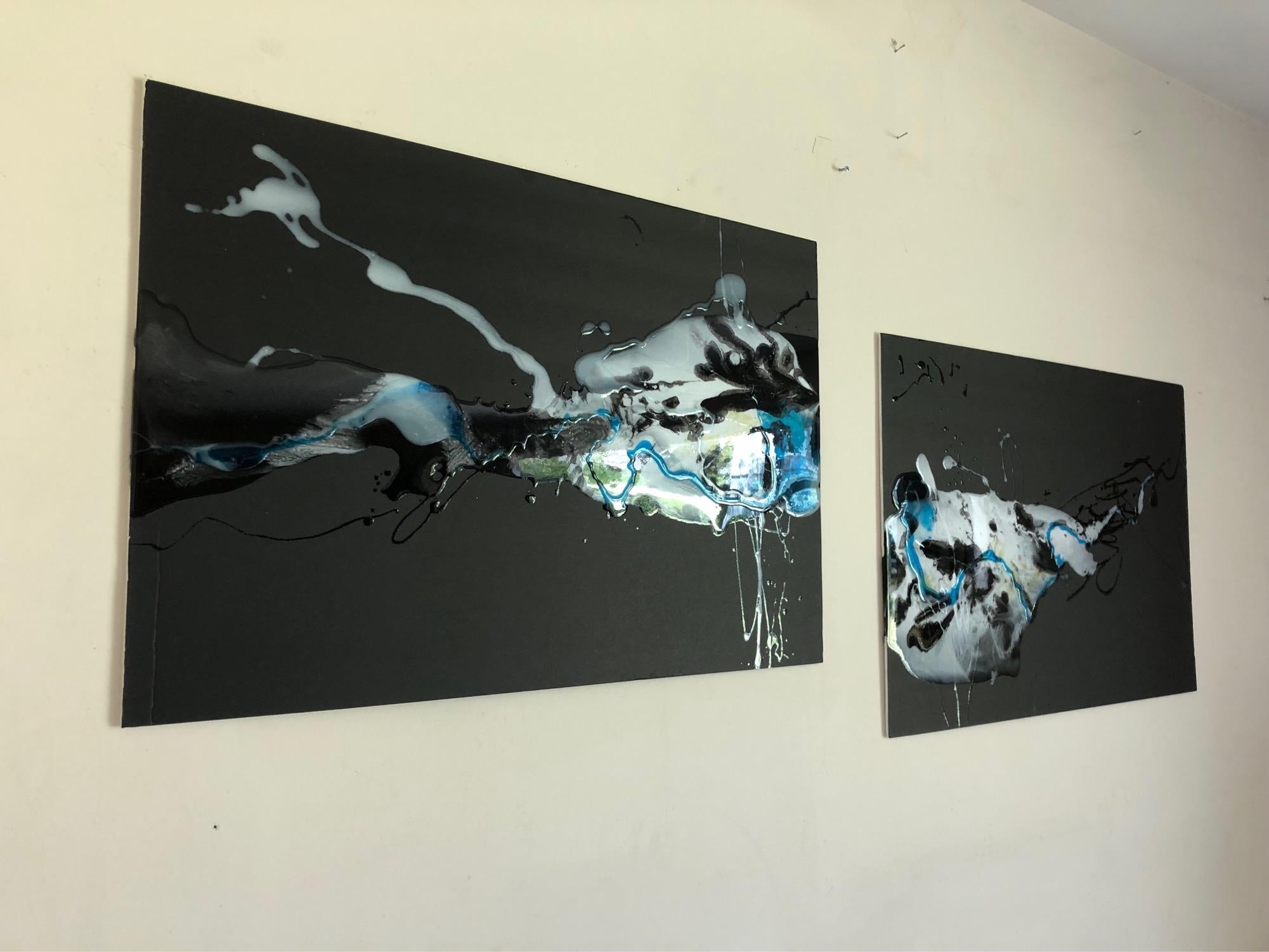 Spermatozoons (Diptych)- abstraction art, made in black, white, blue - Art by Lena Cher