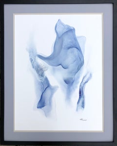Blossom-abstraktes Gemälde, in Weiß, Hell- und Marineblau gefertigt