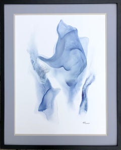 Pintura abstracta en flor, realizada en color blanco, claro y azul marino
