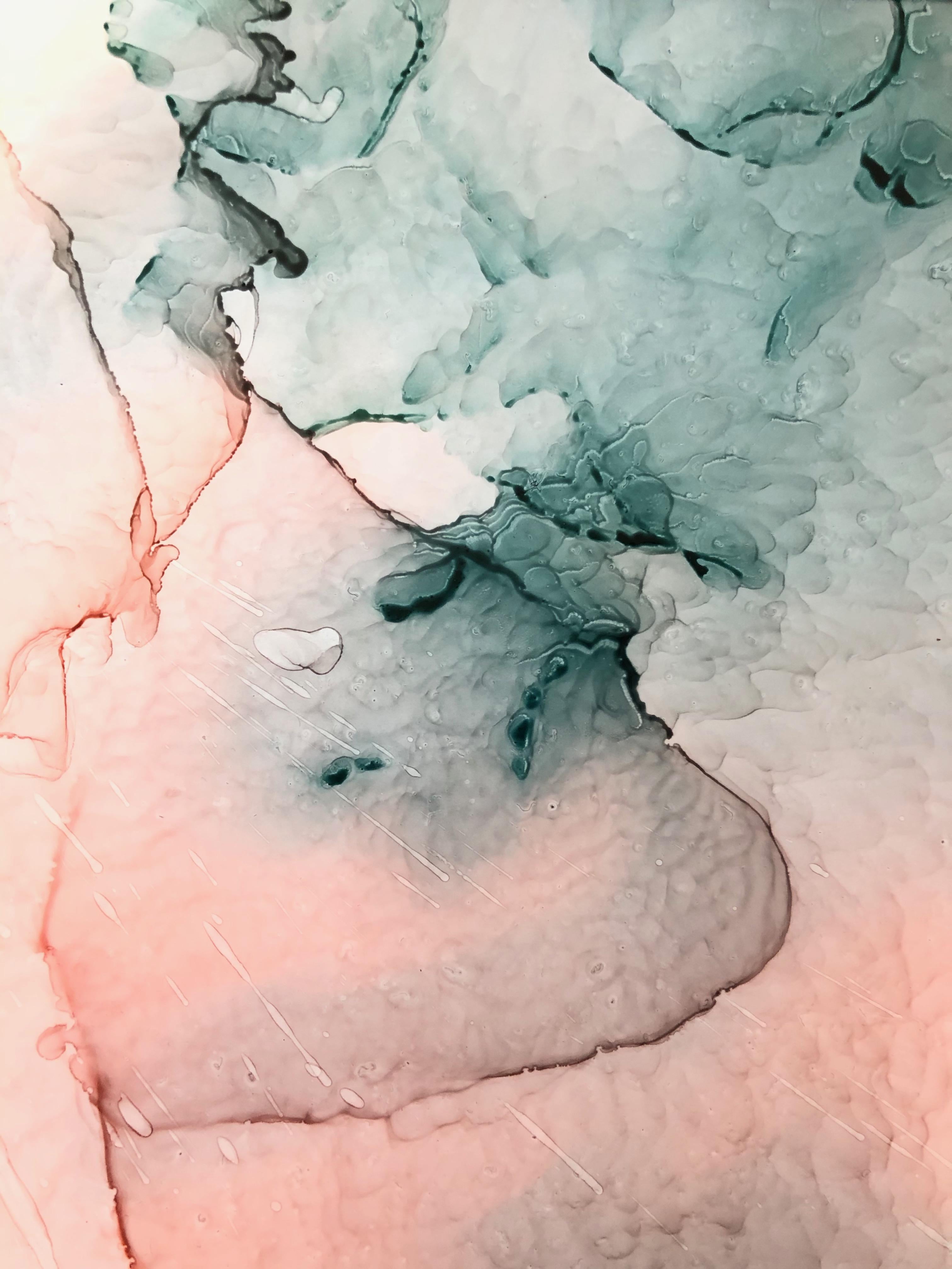Quadri di design d'interni. Il trittico è realizzato con inchiostro alcolico di colore rosa pallido e turchese su carta Yupo. 
Ogni opera misura 11 x 14 pollici, è incorniciata (in oro o nero) con una faccia in stirene e in un doppio passepartout di