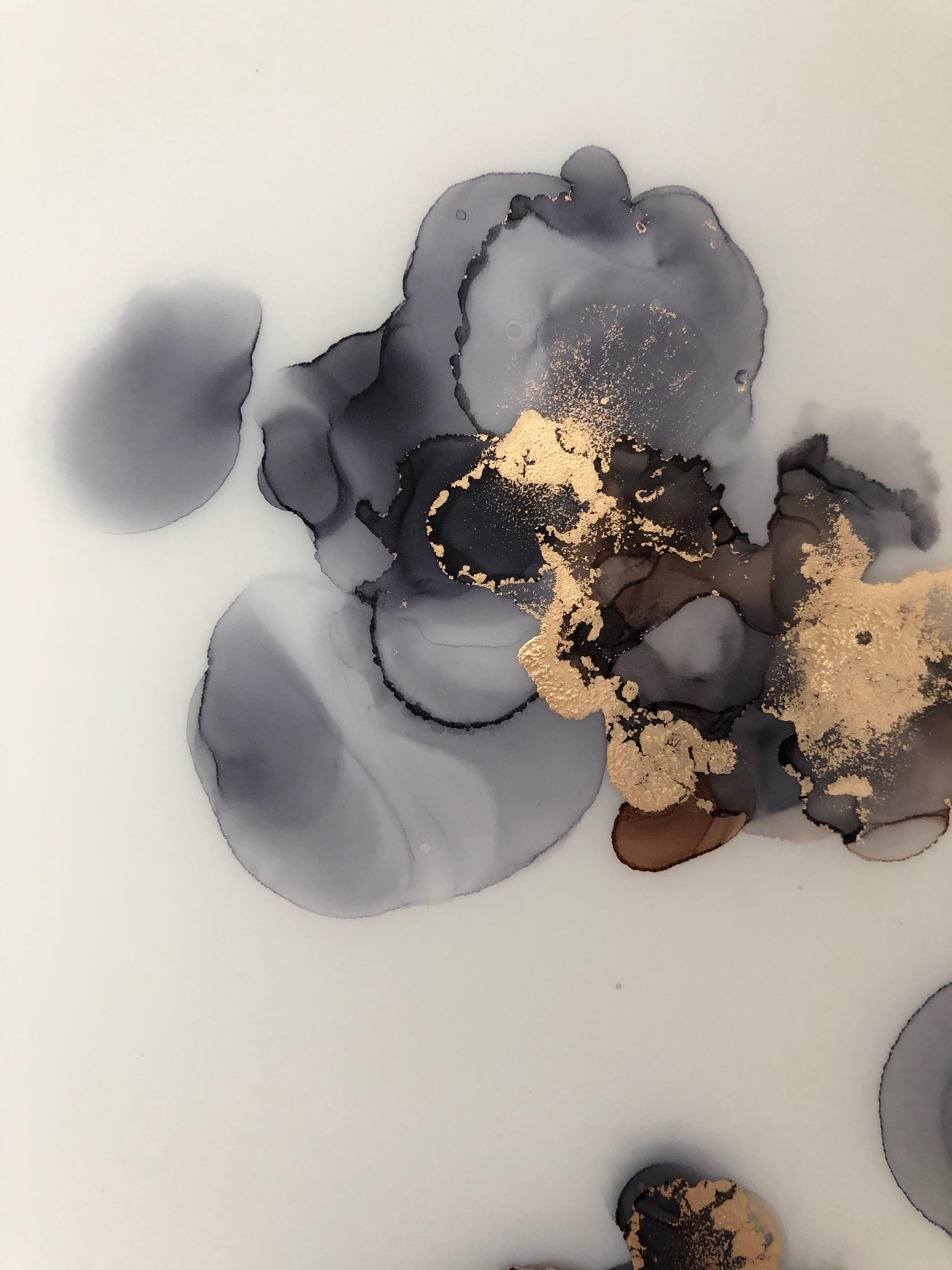 Delicacy II - abstraction art, made in gold, brown, gray, navy blue, pink - Beige Abstract Drawing by Mila Akopova