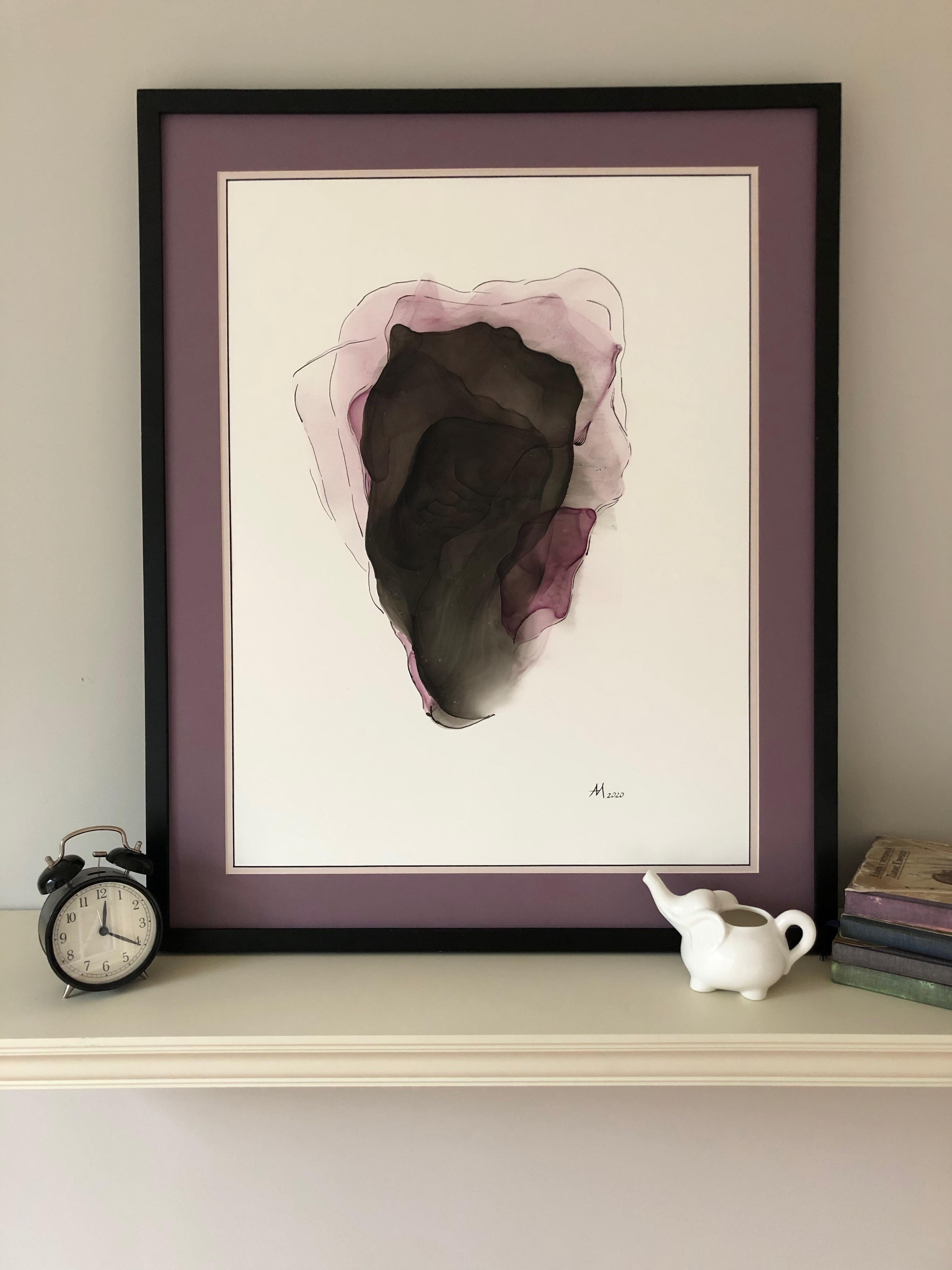 Iris-abstract painting, made in violet, black, beige, pale pink, rose color - Painting by Mila Akopova