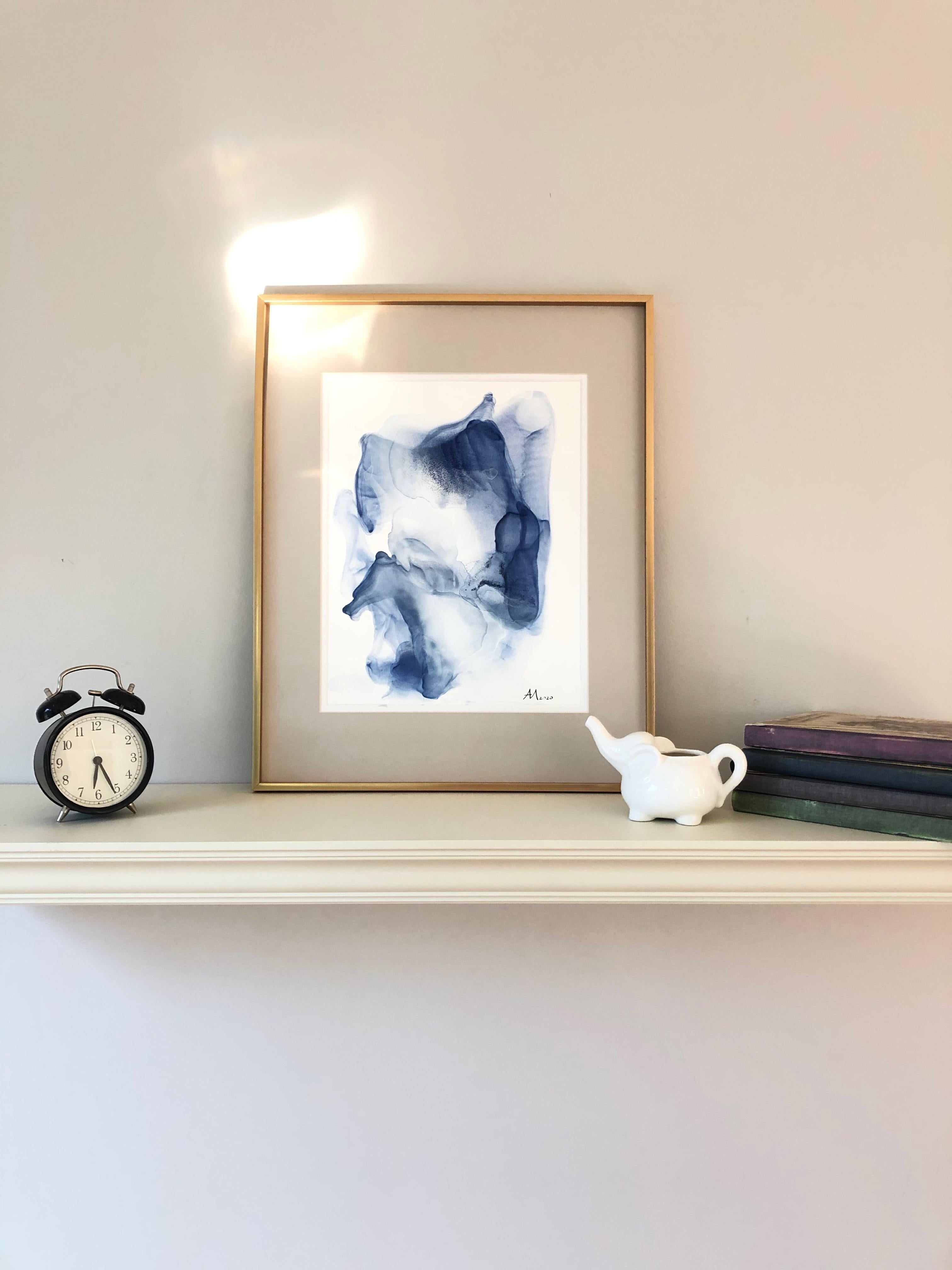 Wave-abstract painting, made in light and navy blue, white color - Painting by Mila Akopova